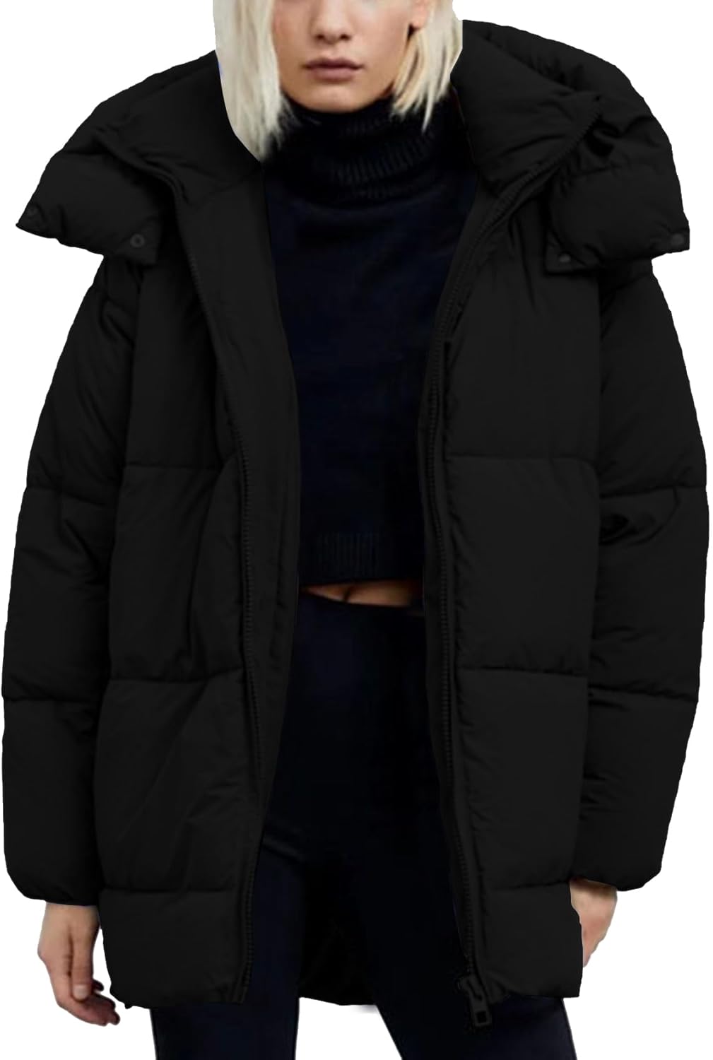 Kissonic Women's Hooded Winter Puffer Coat Long Zip-Up Jacket with Pockets