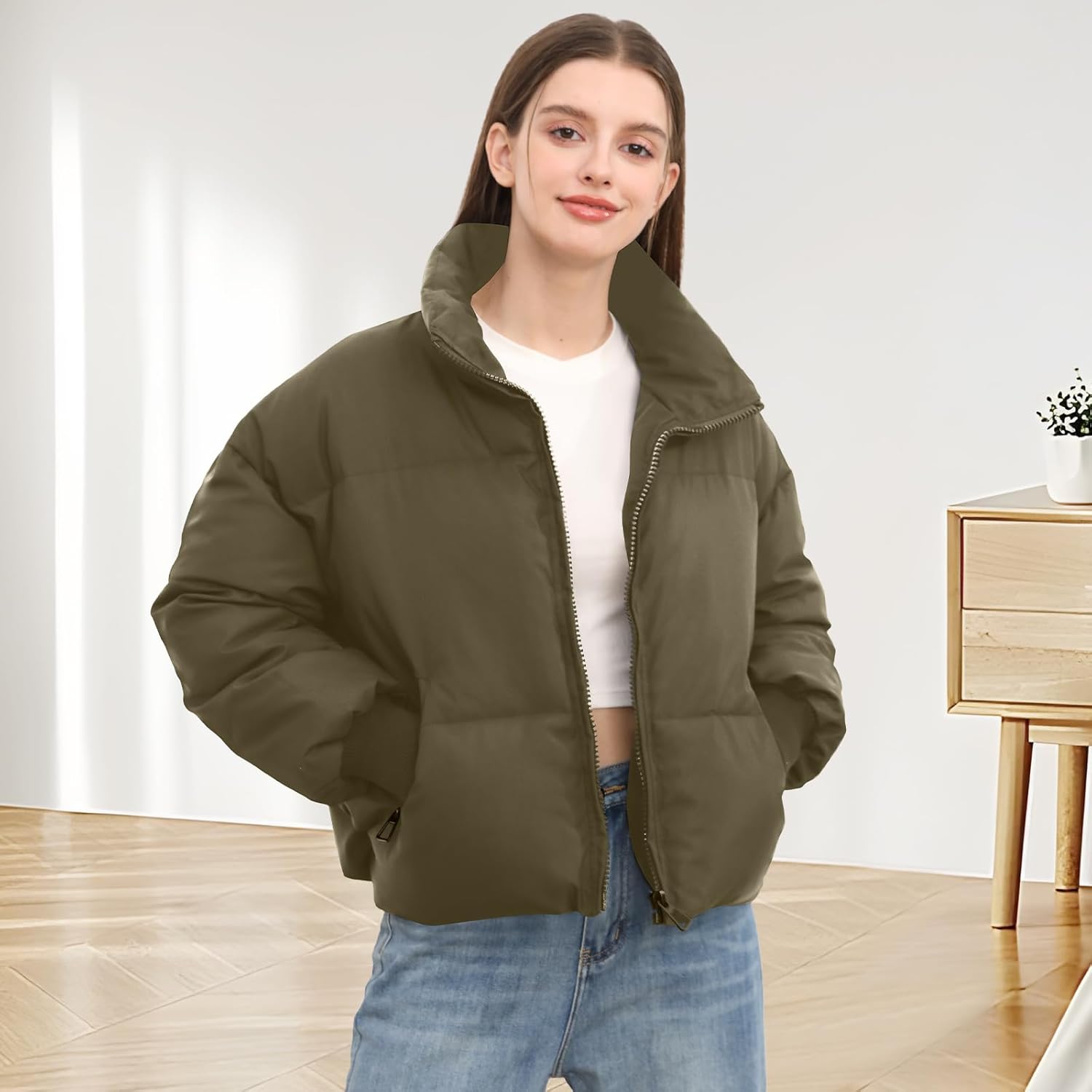 Women’s Cropped Winter Puffer Jacket Casual Quilted Baggy Long-Sleeve Zip-Up Outerwear – Dark Green, US Alpha Medium, Regular