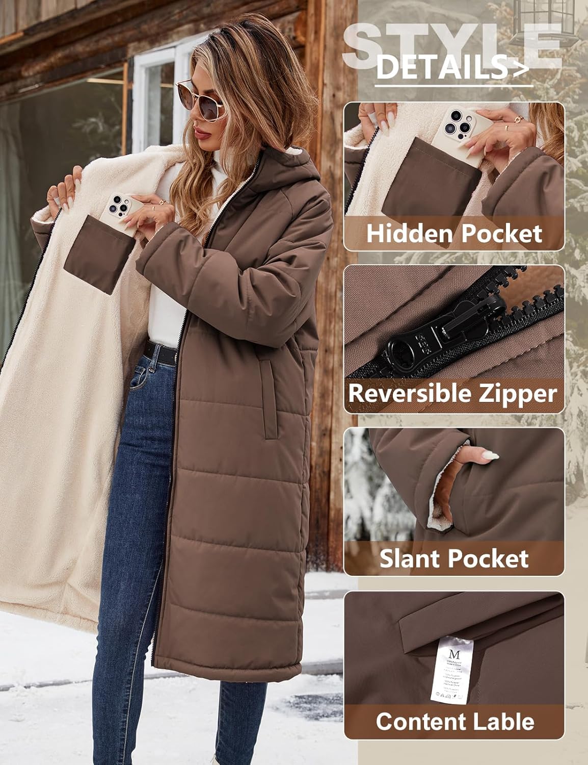 Yusongirl Women's Long Winter Puffer Coat Sherpa Fleece Lined Hooded Down Jacket Oversized Warm Parka