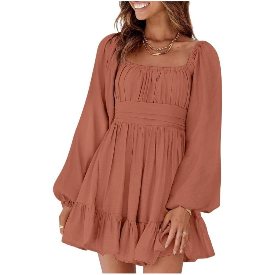 Dokotoo Women’s Long-Sleeve Lantern Dress Square Neck Tie-Back Ruffle A-Line Mini Dress with Elastic Waist, Sexy and Elegant