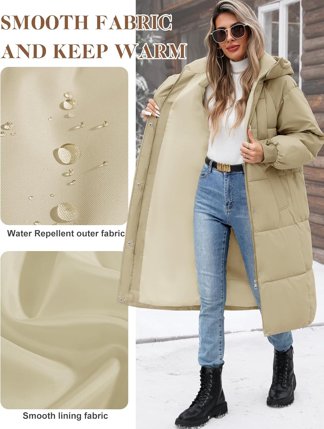 Women’s Hooded Long Winter Puffer Coat Warm Down Parka Water-Resistant Zip-Up Jacket with Decorative Pockets