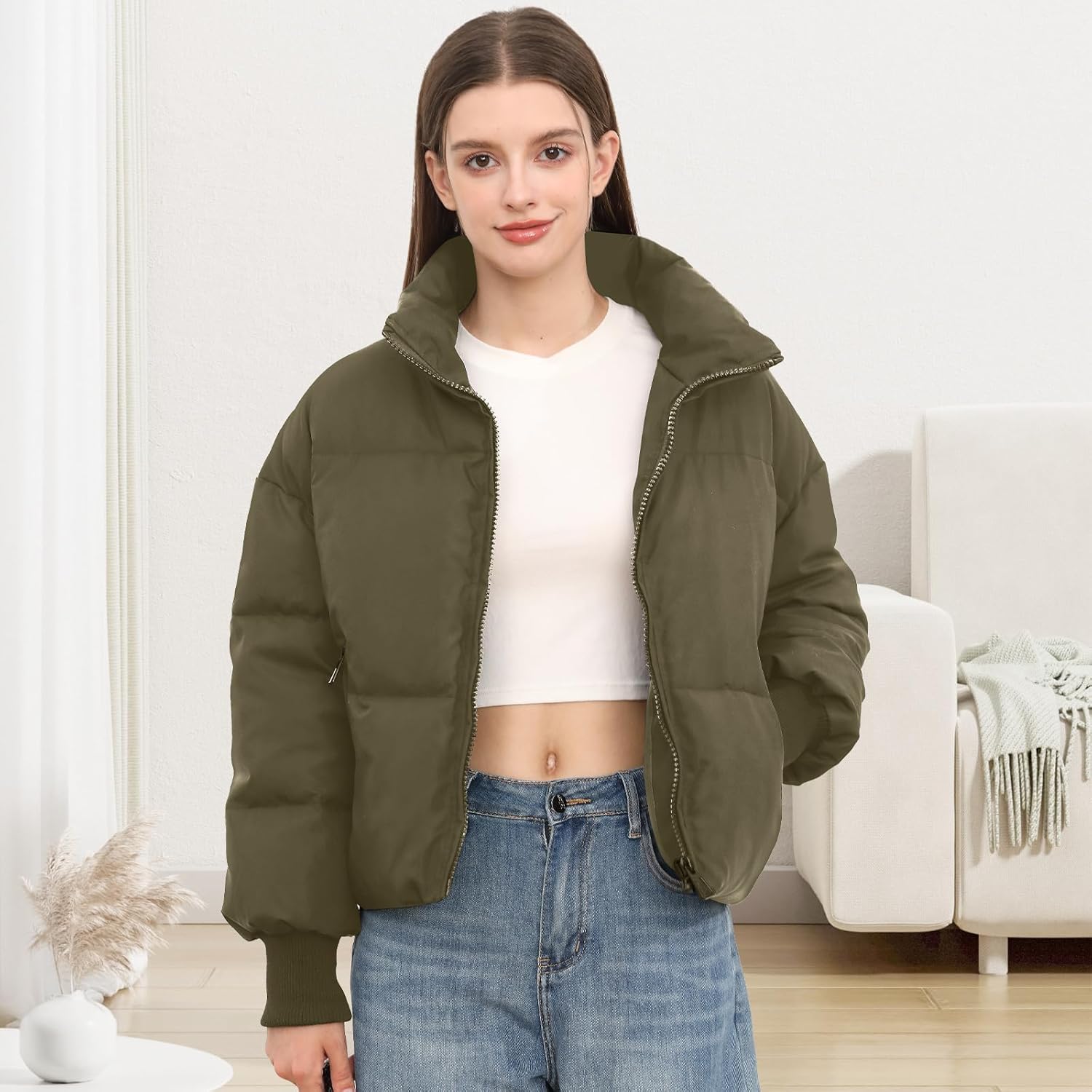 Women’s Cropped Winter Puffer Jacket Casual Quilted Baggy Long-Sleeve Zip-Up Outerwear – Dark Green, US Alpha Medium, Regular