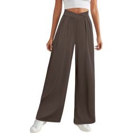 FireSwan Women's High-Waisted Wide Leg Trousers Pleated Crossover Front Office Casual Pants Flowing Palazzo Style with Side Pockets