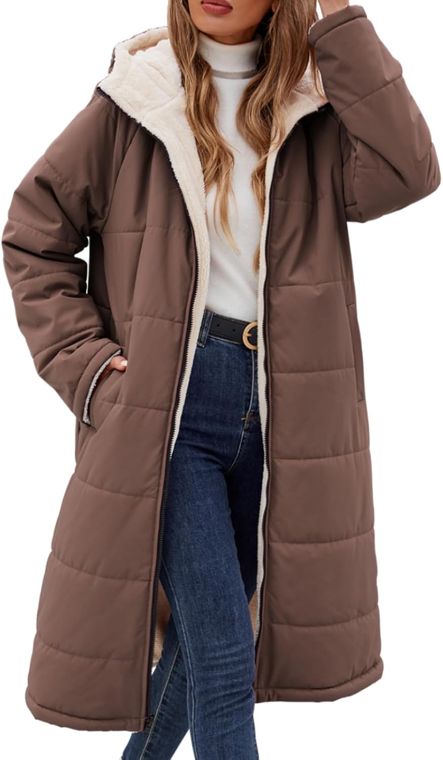 Yusongirl Women's Long Winter Puffer Coat Sherpa Fleece Lined Hooded Down Jacket Oversized Warm Parka