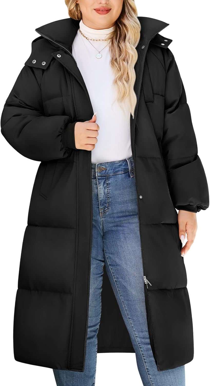 Women's Plus-Size Hooded Long Winter Puffer Coat Quilted Water-Resistant Warm Parka Outerwear 2025