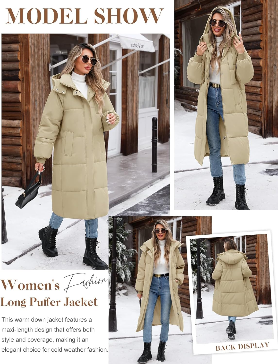 Women’s Hooded Long Winter Puffer Coat Warm Down Parka Water-Resistant Zip-Up Jacket with Decorative Pockets