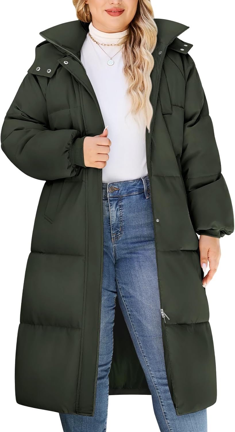 Women's Plus-Size Hooded Long Winter Puffer Coat Quilted Water-Resistant Warm Parka Outerwear 2025