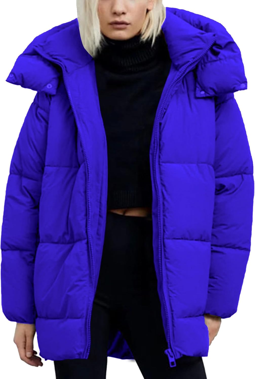 Kissonic Women's Hooded Winter Puffer Coat Long Zip-Up Jacket with Pockets