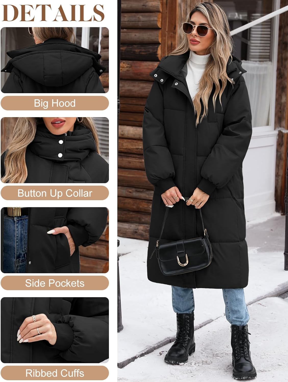 Women’s Hooded Long Winter Puffer Coat Warm Down Parka Water-Resistant Zip-Up Jacket with Decorative Pockets
