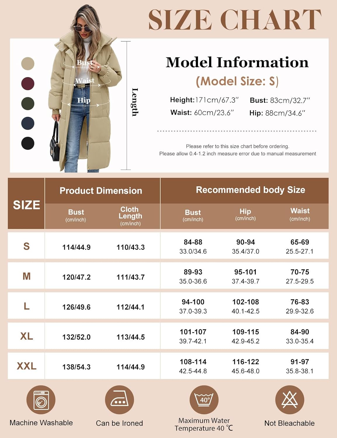 Women’s Hooded Long Winter Puffer Coat Warm Down Parka Water-Resistant Zip-Up Jacket with Decorative Pockets