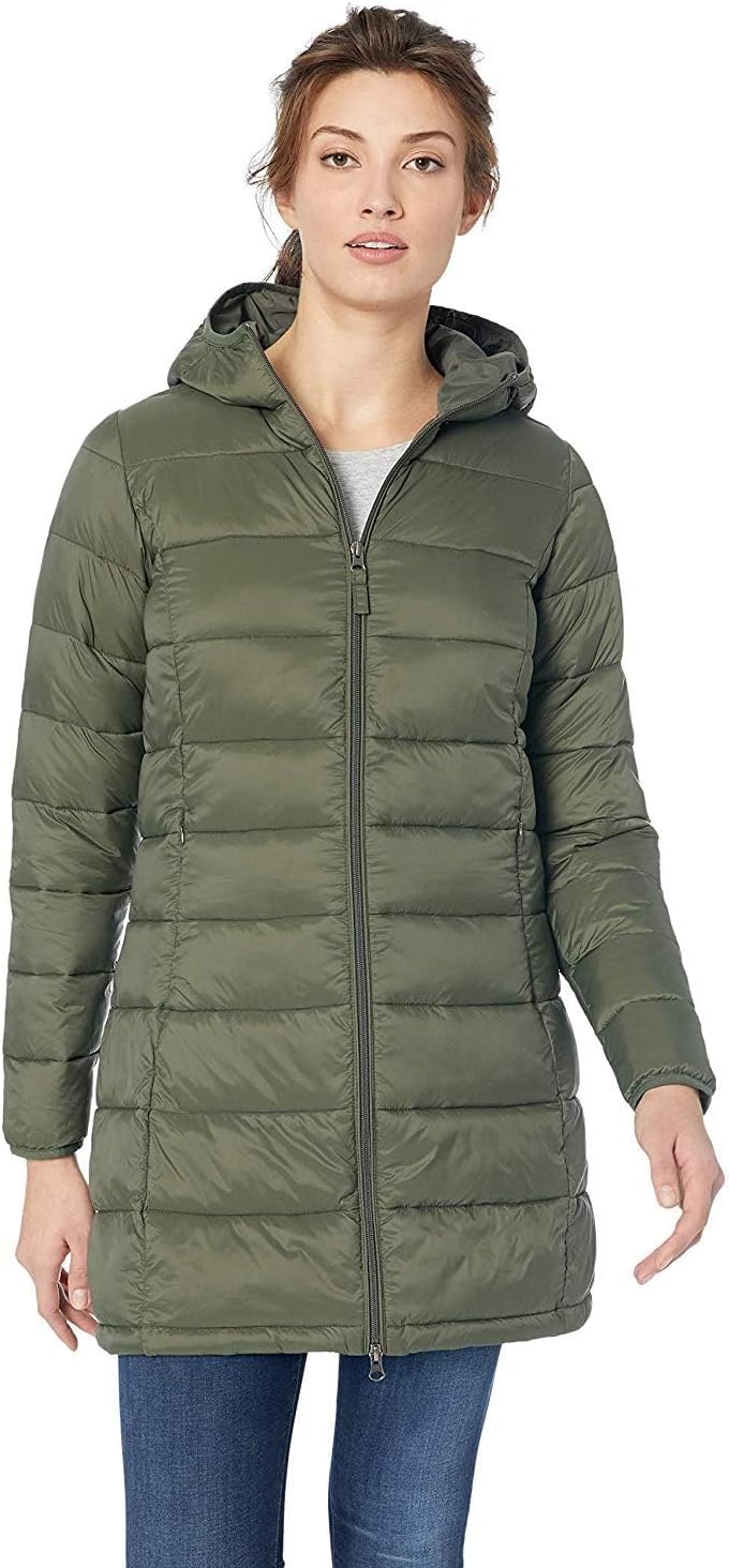 Essentials Women’s Lightweight Packable Hooded Puffer Coat – Water-Resistant, Plus Sizes Available