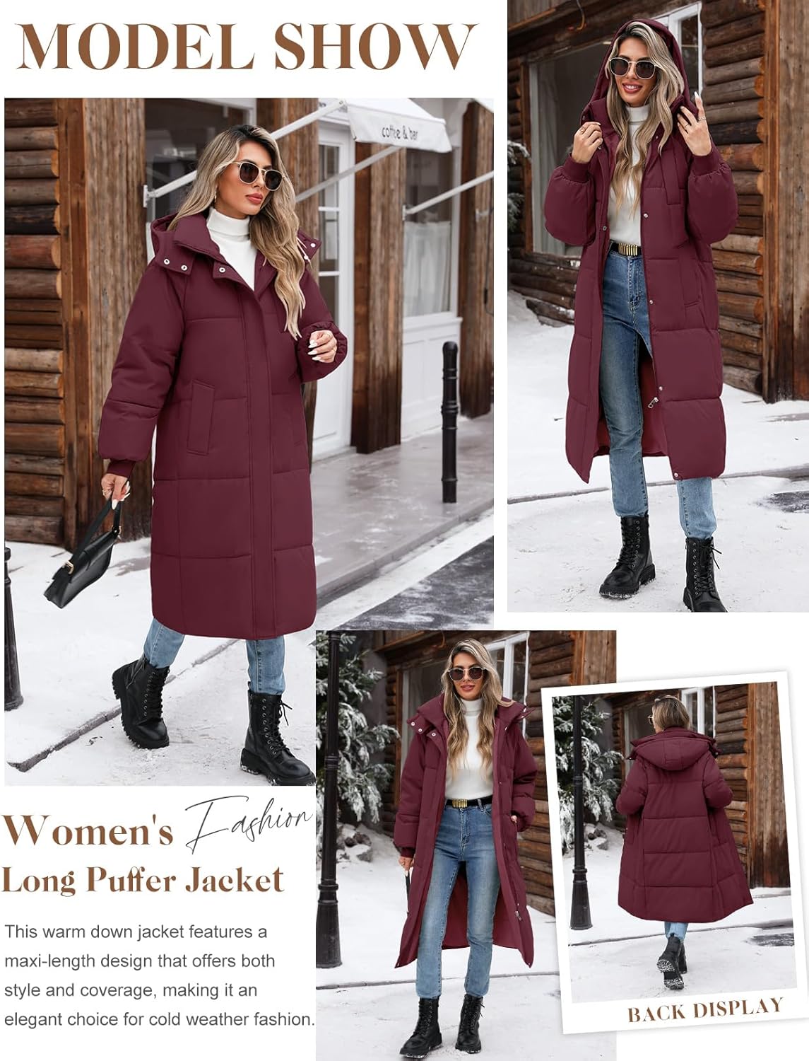 Women’s Hooded Long Winter Puffer Coat Warm Down Parka Water-Resistant Zip-Up Jacket with Decorative Pockets