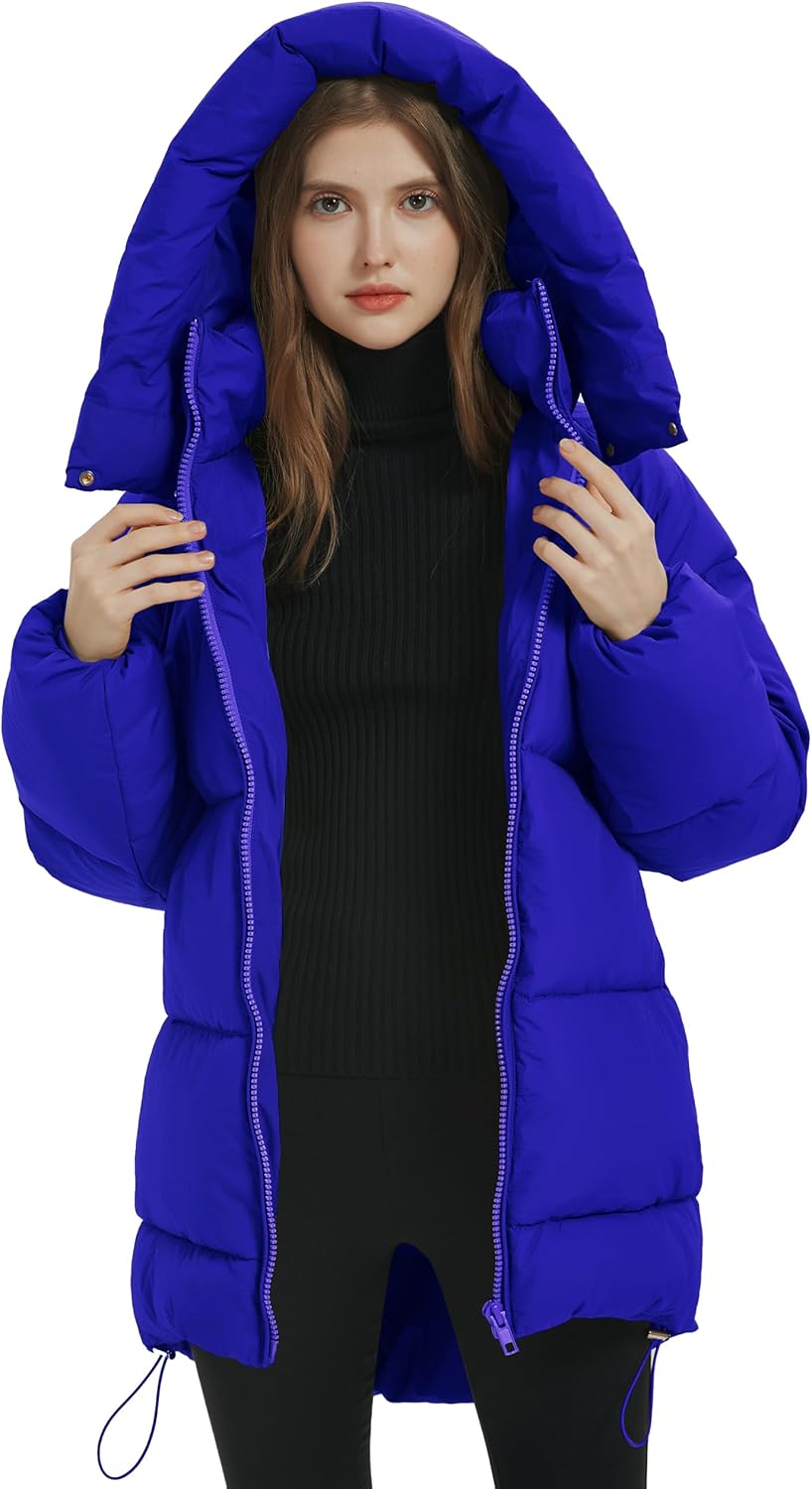 Kissonic Women's Hooded Winter Puffer Coat Long Zip-Up Jacket with Pockets
