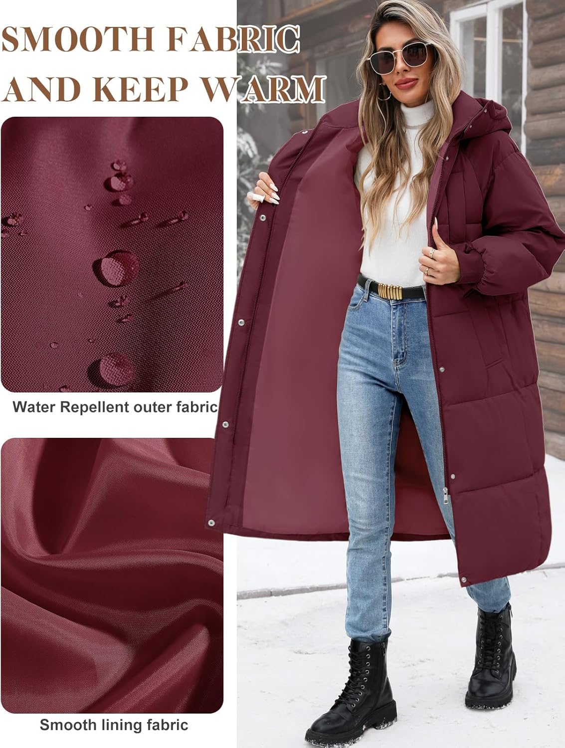 Women’s Hooded Long Winter Puffer Coat Warm Down Parka Water-Resistant Zip-Up Jacket with Decorative Pockets