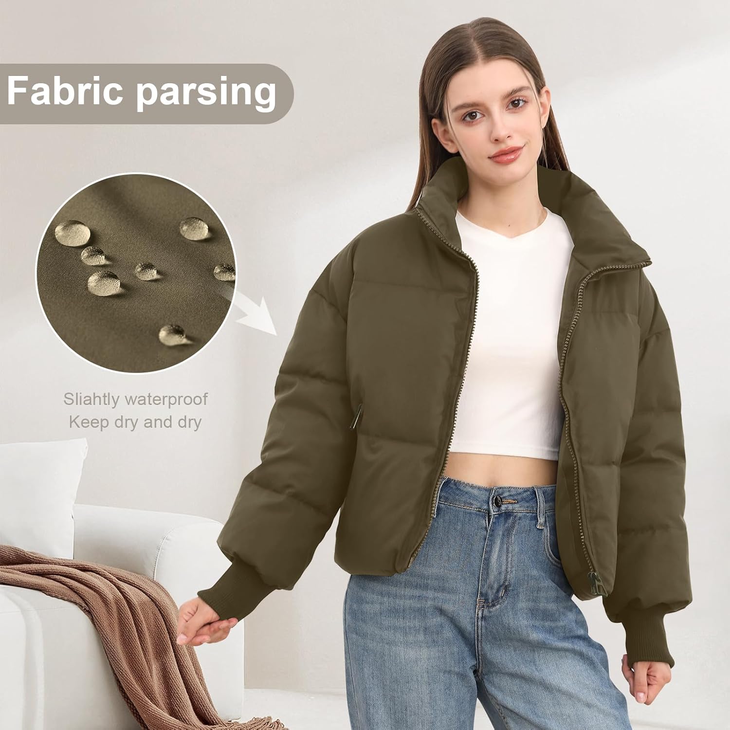 Women’s Cropped Winter Puffer Jacket Casual Quilted Baggy Long-Sleeve Zip-Up Outerwear – Dark Green, US Alpha Medium, Regular