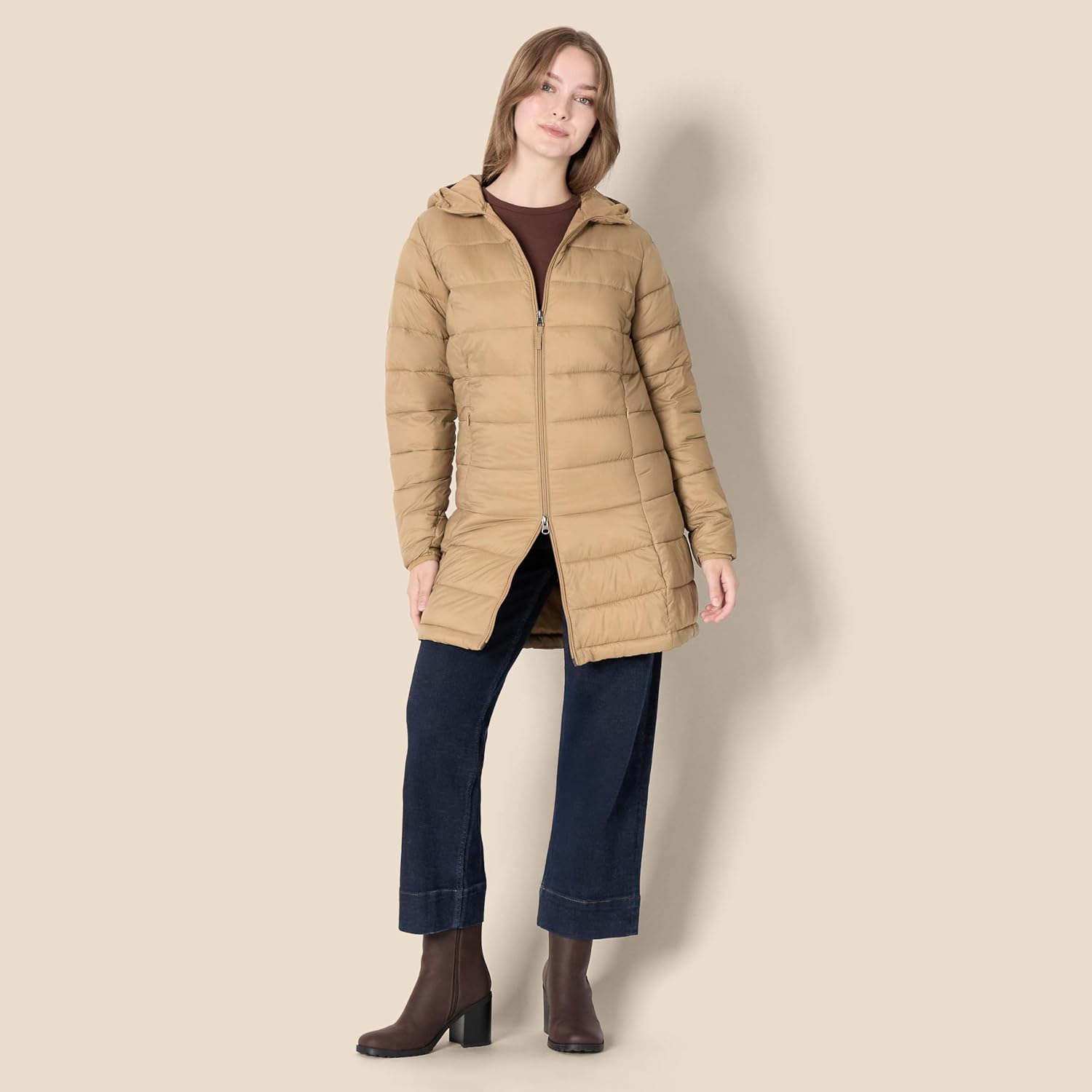 Essentials Women’s Lightweight Packable Hooded Puffer Coat – Water-Resistant, Plus Sizes Available