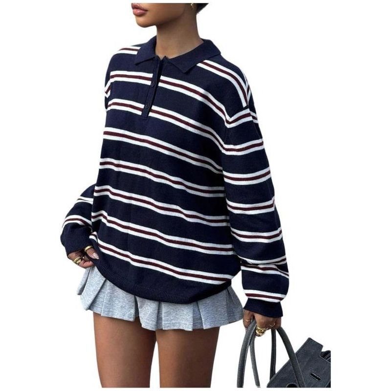 Women’s Long-Sleeve Striped Sweaters Collared Golf Shirts Knit Jumper Preppy Fall Fashion Tops