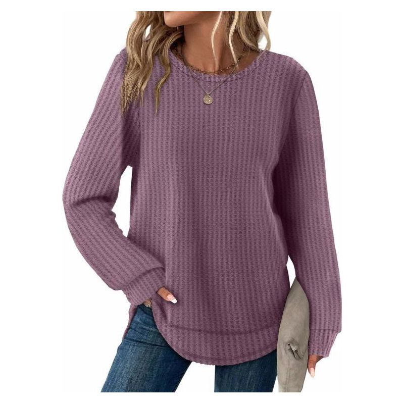 WIHOLL Women’s Waffle Knit Tunic Tops – Loose Fit Long Sleeve Crewneck Sweaters with Curved Hem, Dressy Casual Shirts for Trendy Fall Fashion