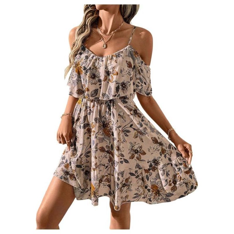 SOLY HUX Women’s Boho Floral Print Cold-Shoulder Dress Short-Sleeve Ruffle A-Line Mini Dress Elegant Vacation Wear