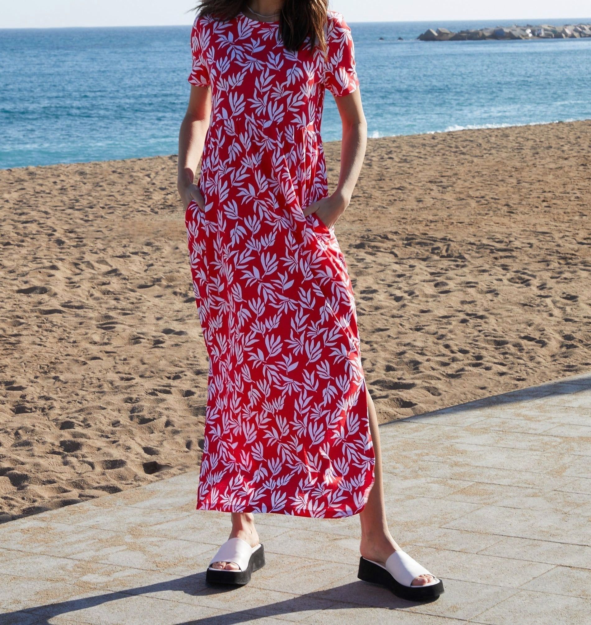 Women’s Red Leaf-Patterned Jersey Maxi Dress with Side Pockets