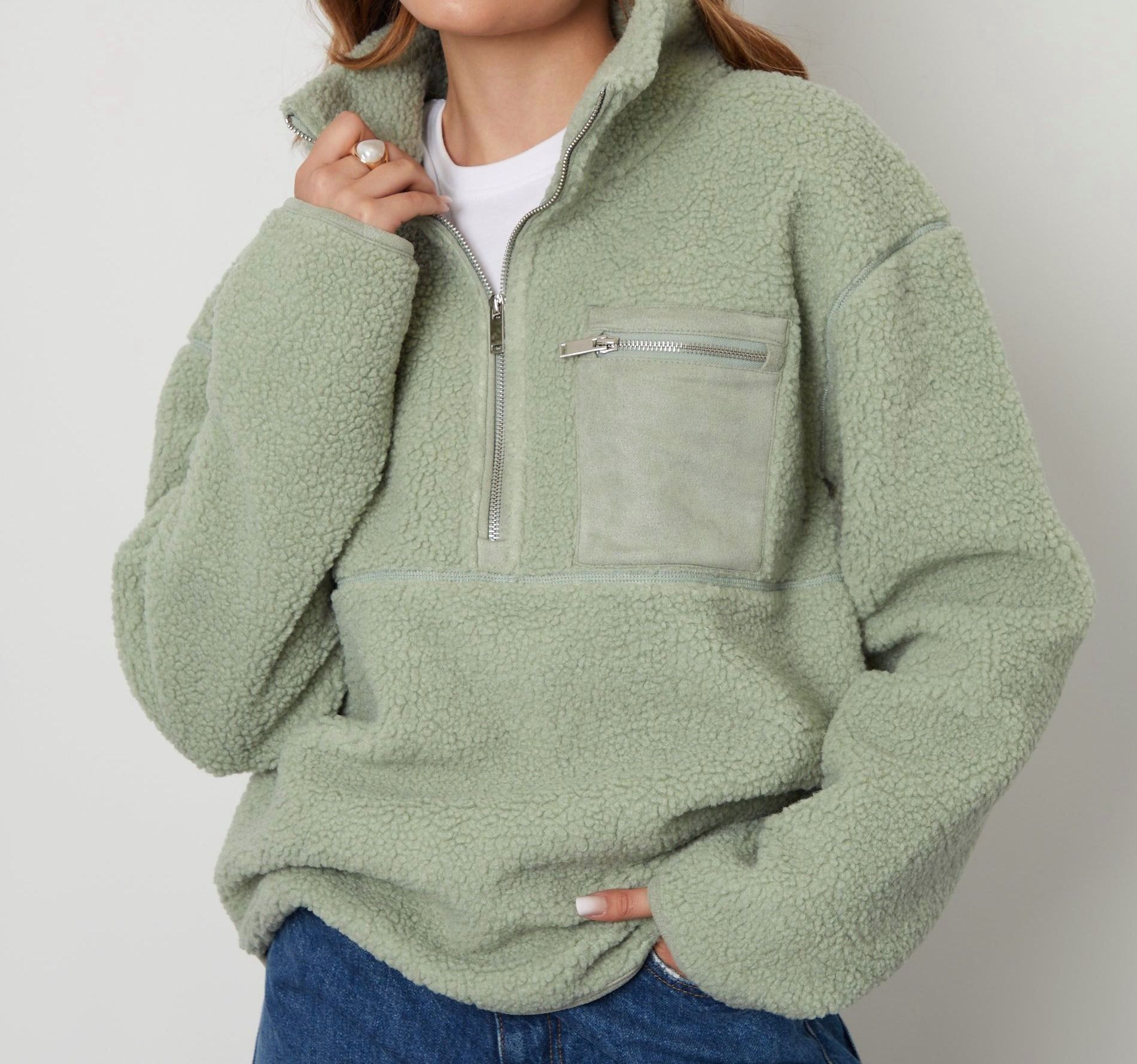 Women’s Sage-Colored Half-Zip Borg Fleece Pullover
