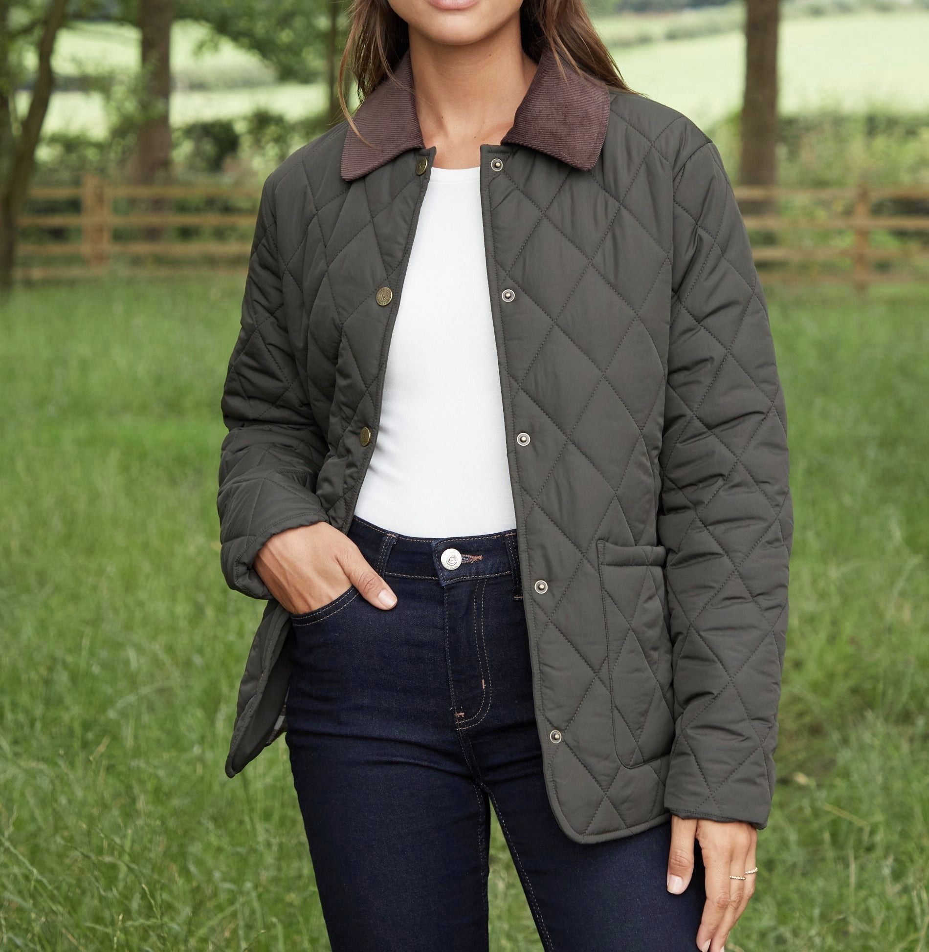 Women’s Khaki Heritage Quilted Jacket with Corduroy Collar