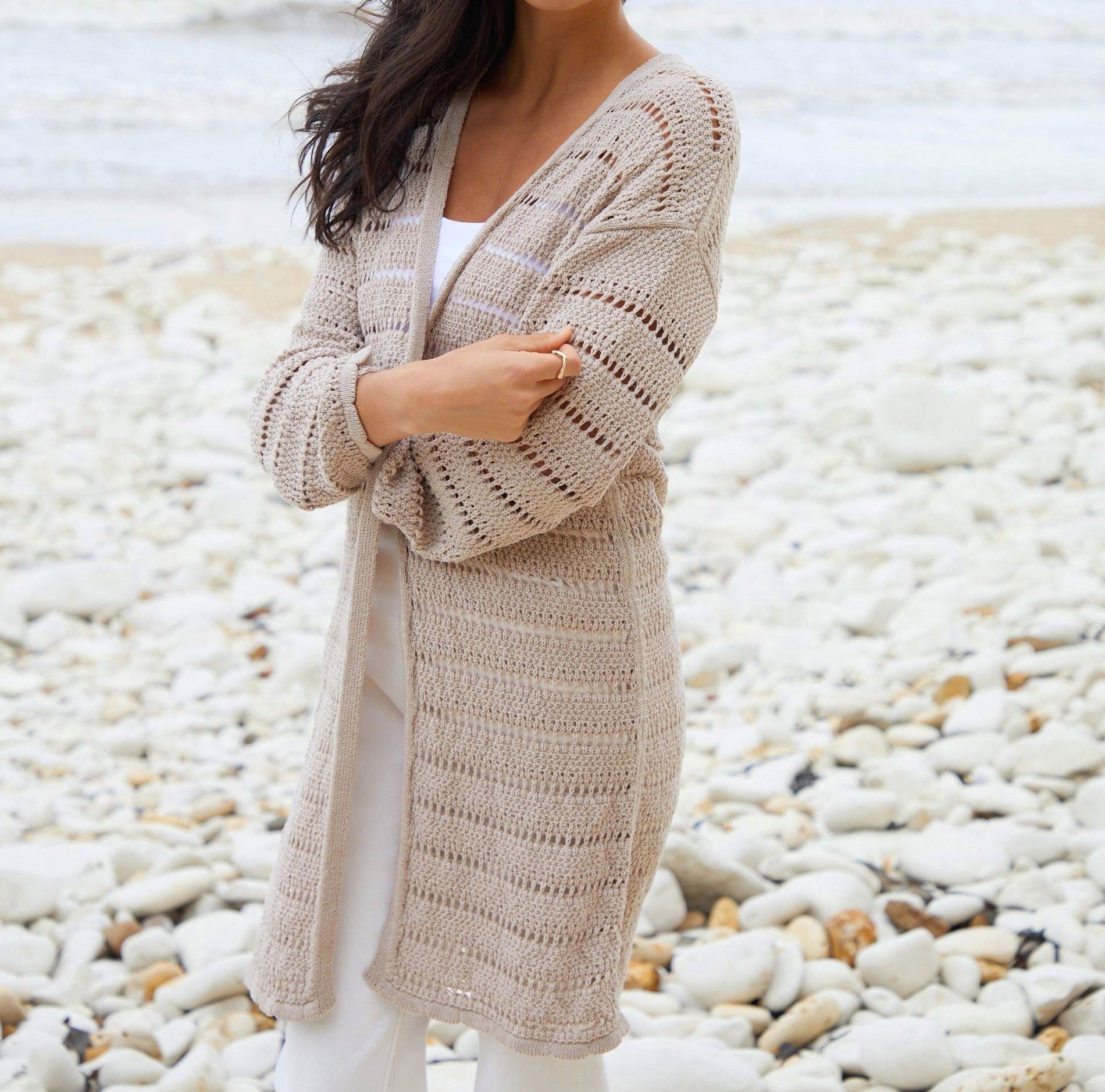 Women’s Stone-Colored Longline Open-Knit Cardigan