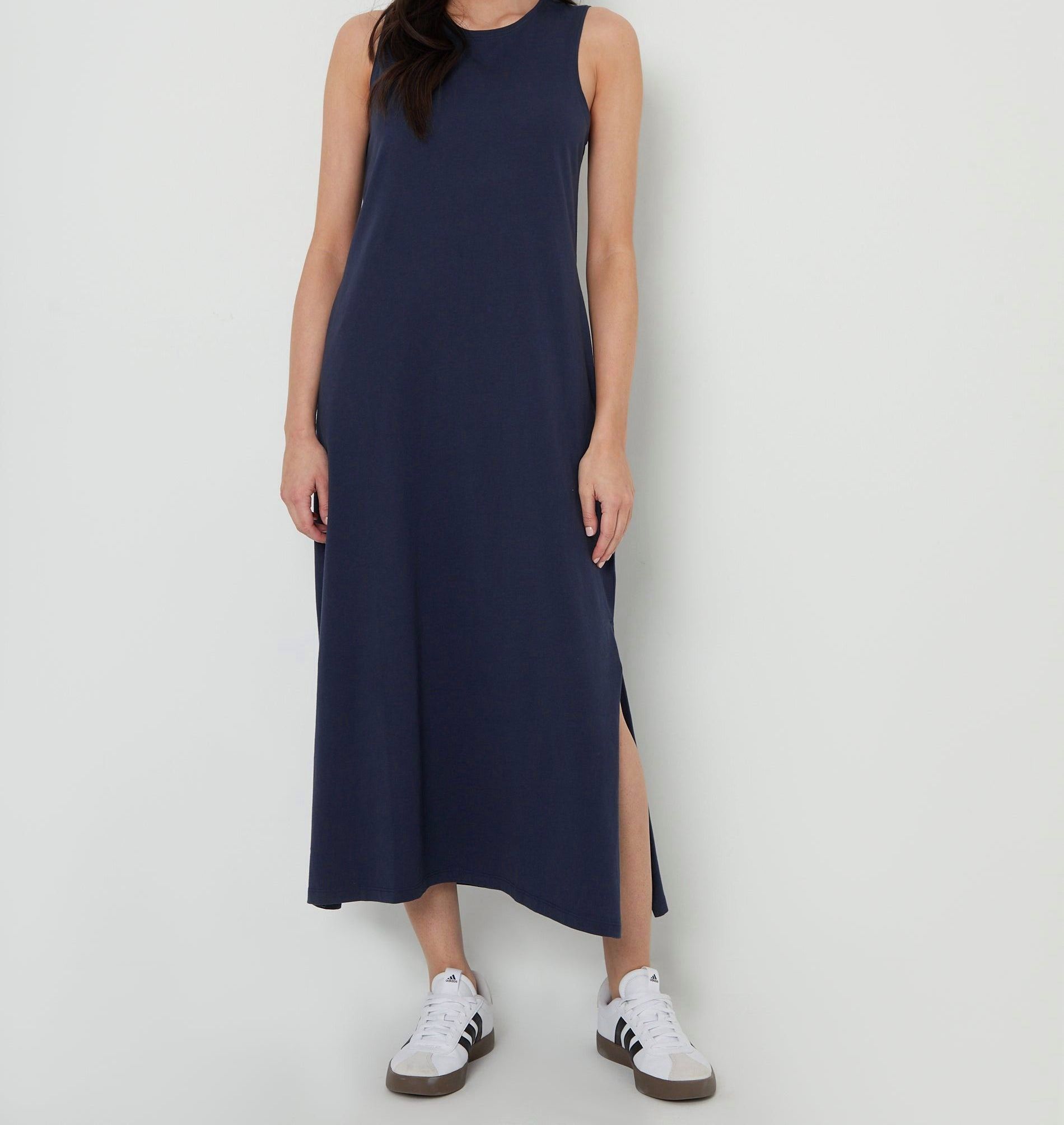 Women’s Navy Sleeveless Midi Jersey Dress with Side Pockets