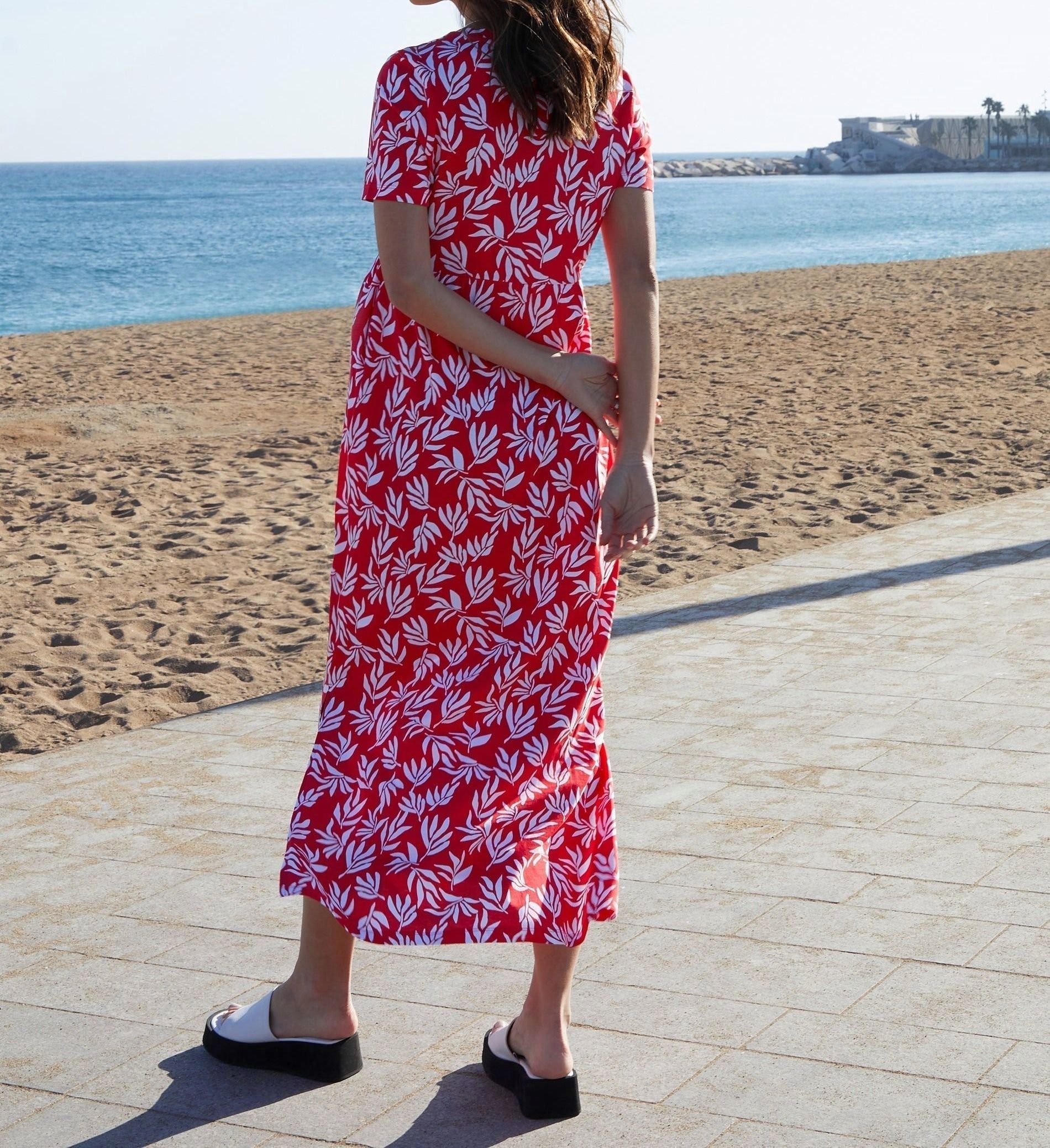 Women’s Red Leaf-Patterned Jersey Maxi Dress with Side Pockets