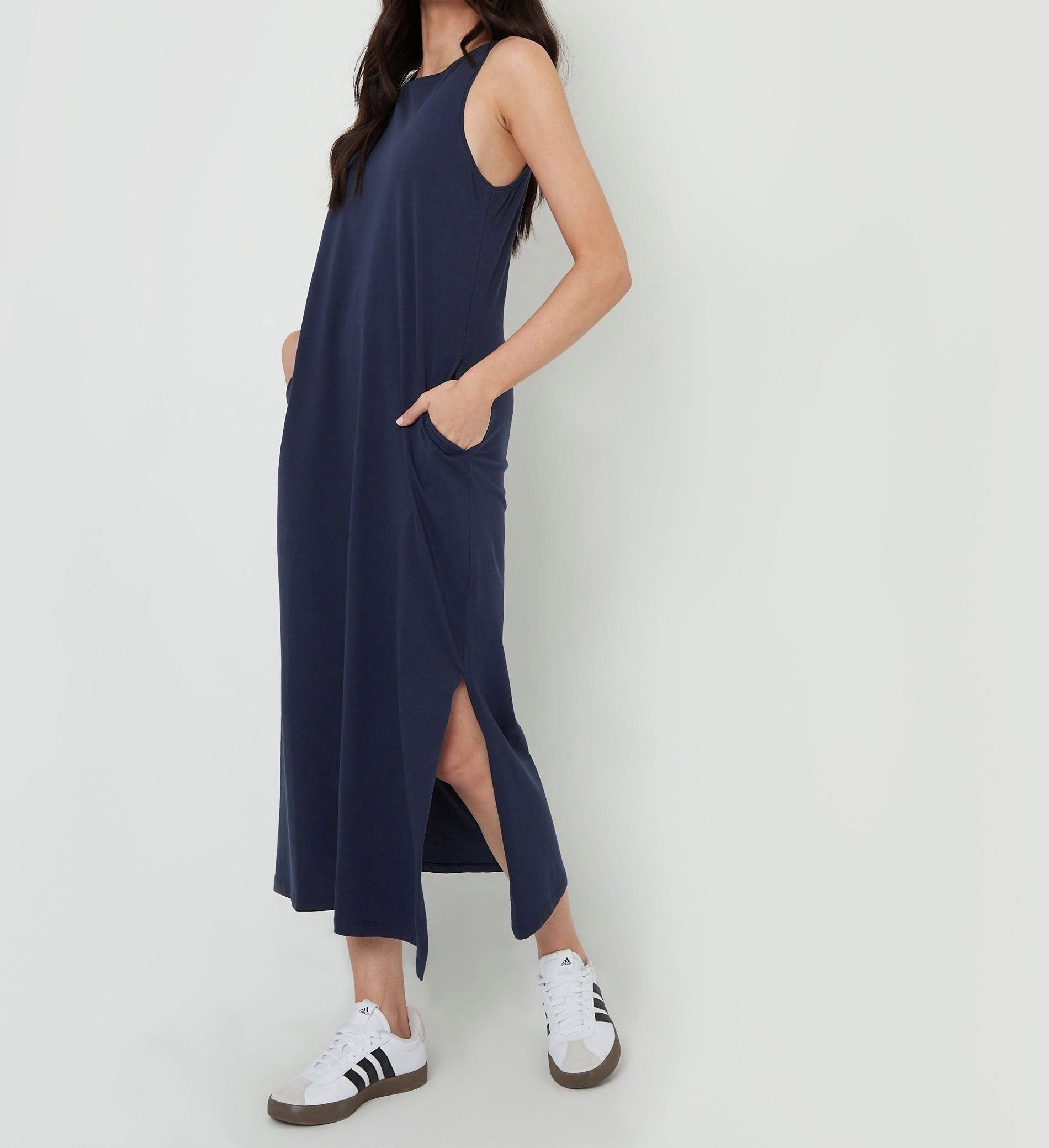 Women’s Navy Sleeveless Midi Jersey Dress with Side Pockets