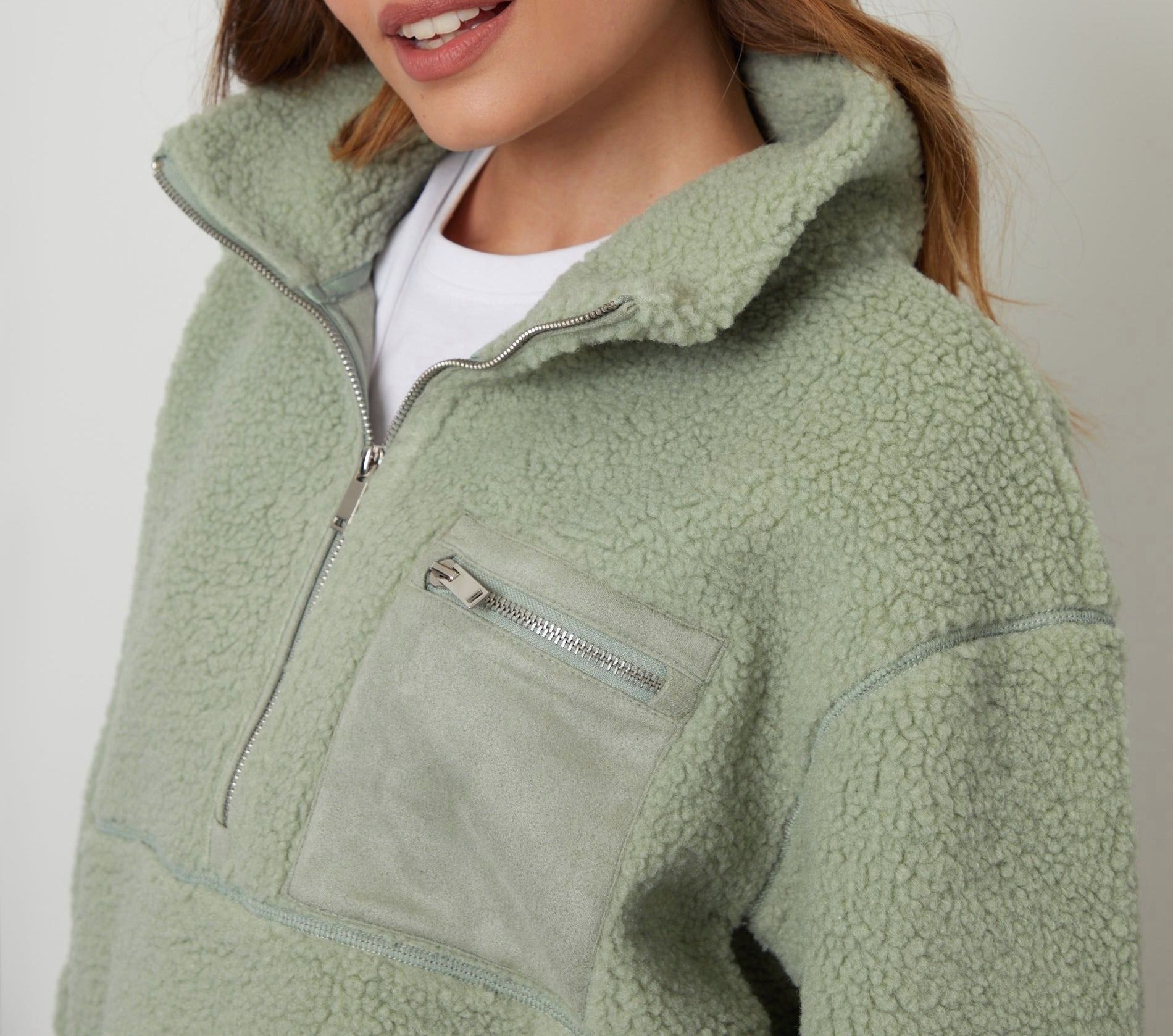 Women’s Sage-Colored Half-Zip Borg Fleece Pullover