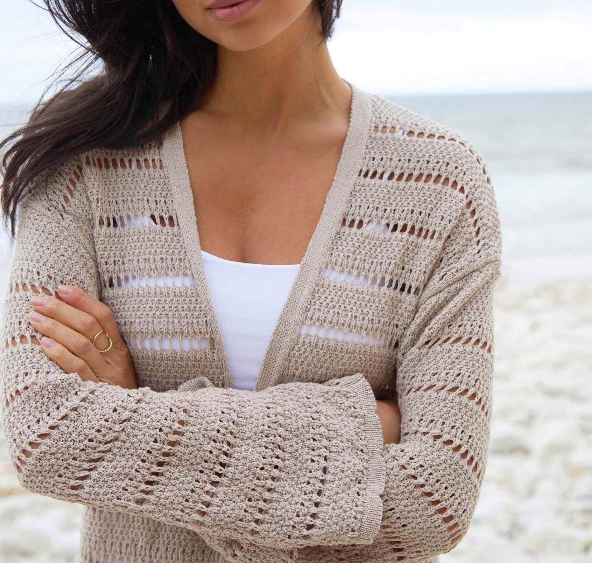 Women’s Stone-Colored Longline Open-Knit Cardigan