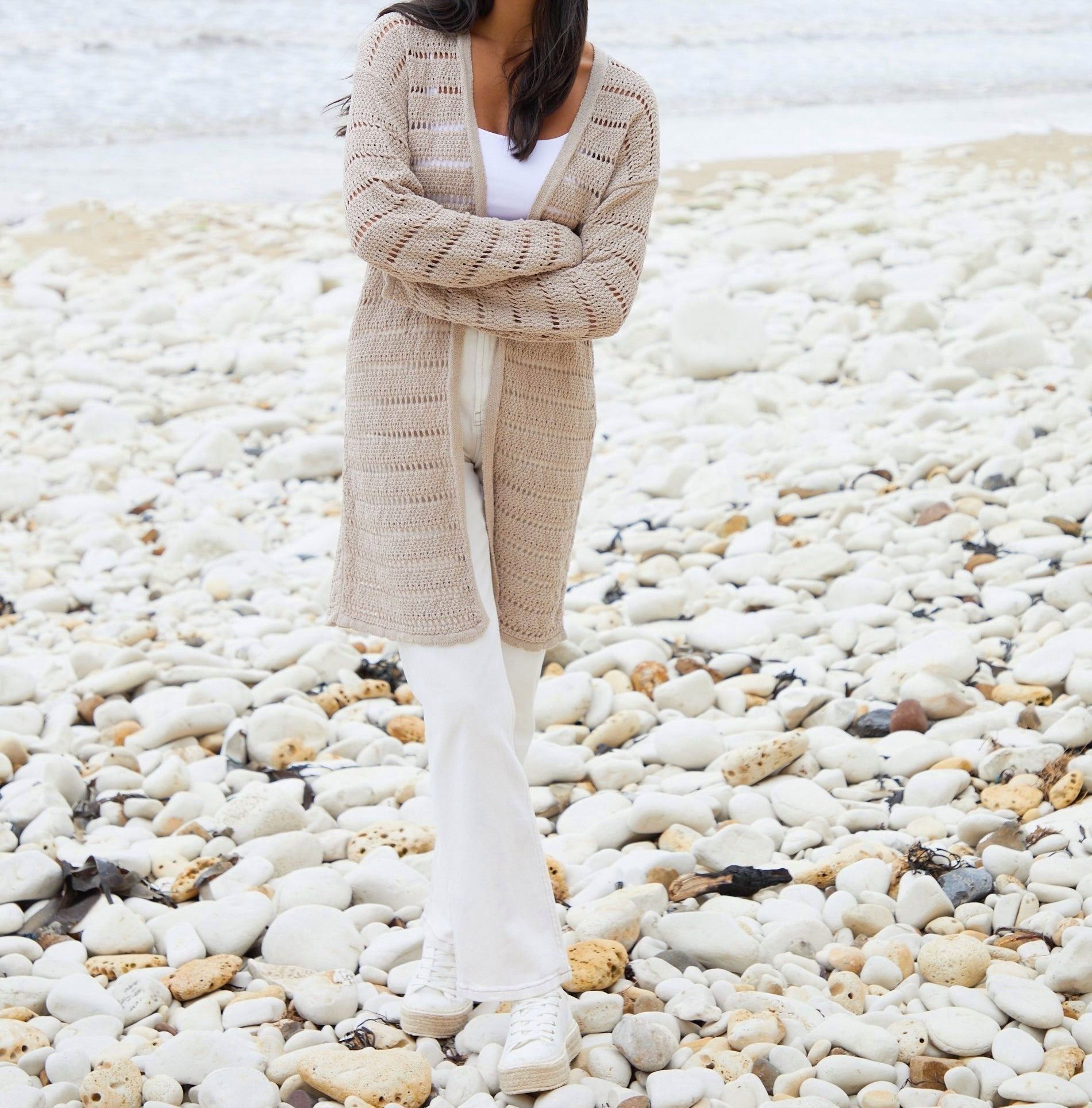 Women’s Stone-Colored Longline Open-Knit Cardigan