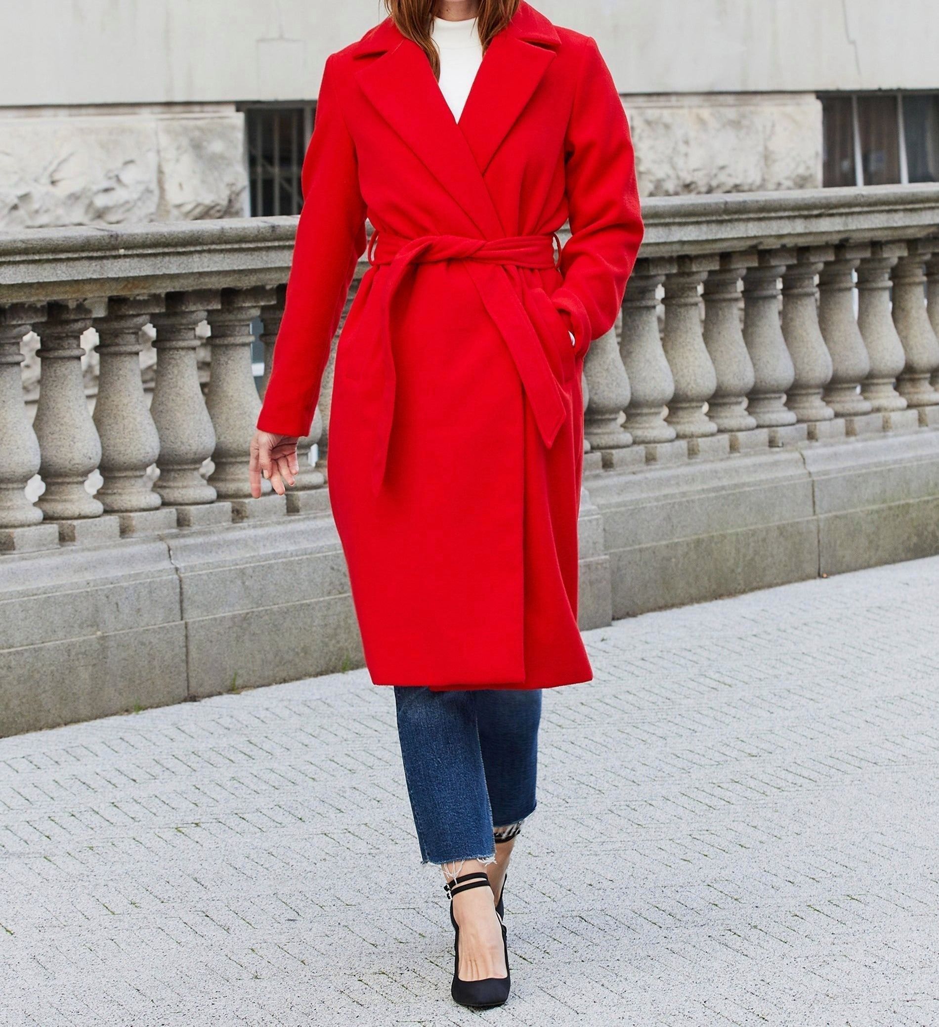 Women’s Red Tailored Belted Longline Coat