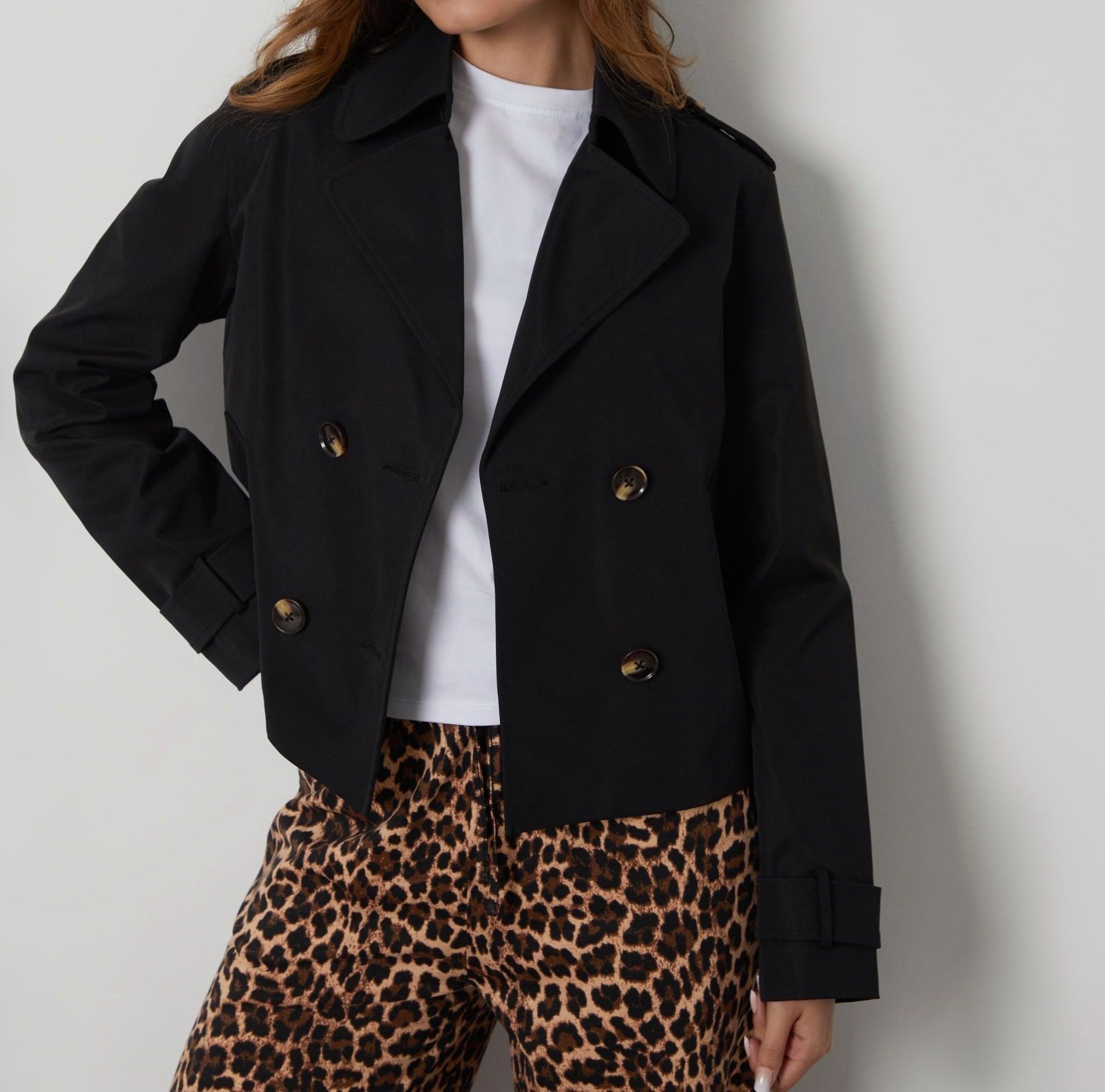 Women’s Black Cropped Double-Breasted Trench Coat