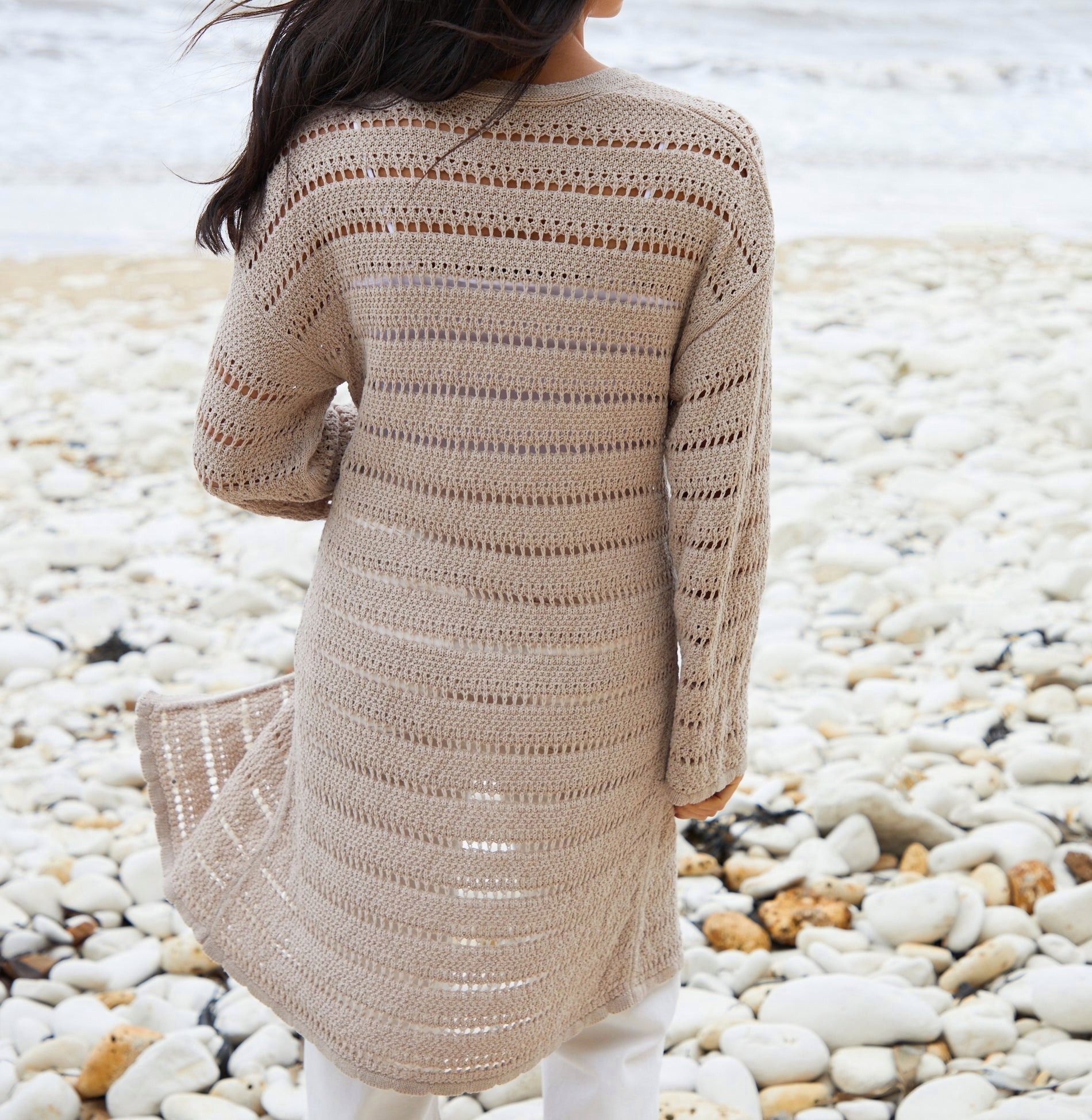 Women’s Stone-Colored Longline Open-Knit Cardigan