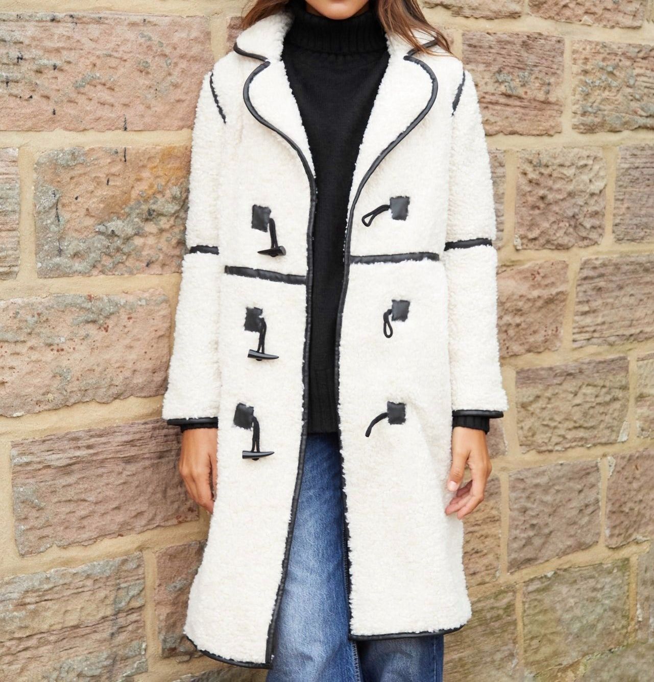 Women’s Ecru Longline Borg Fleece Coat with Toggle Closures