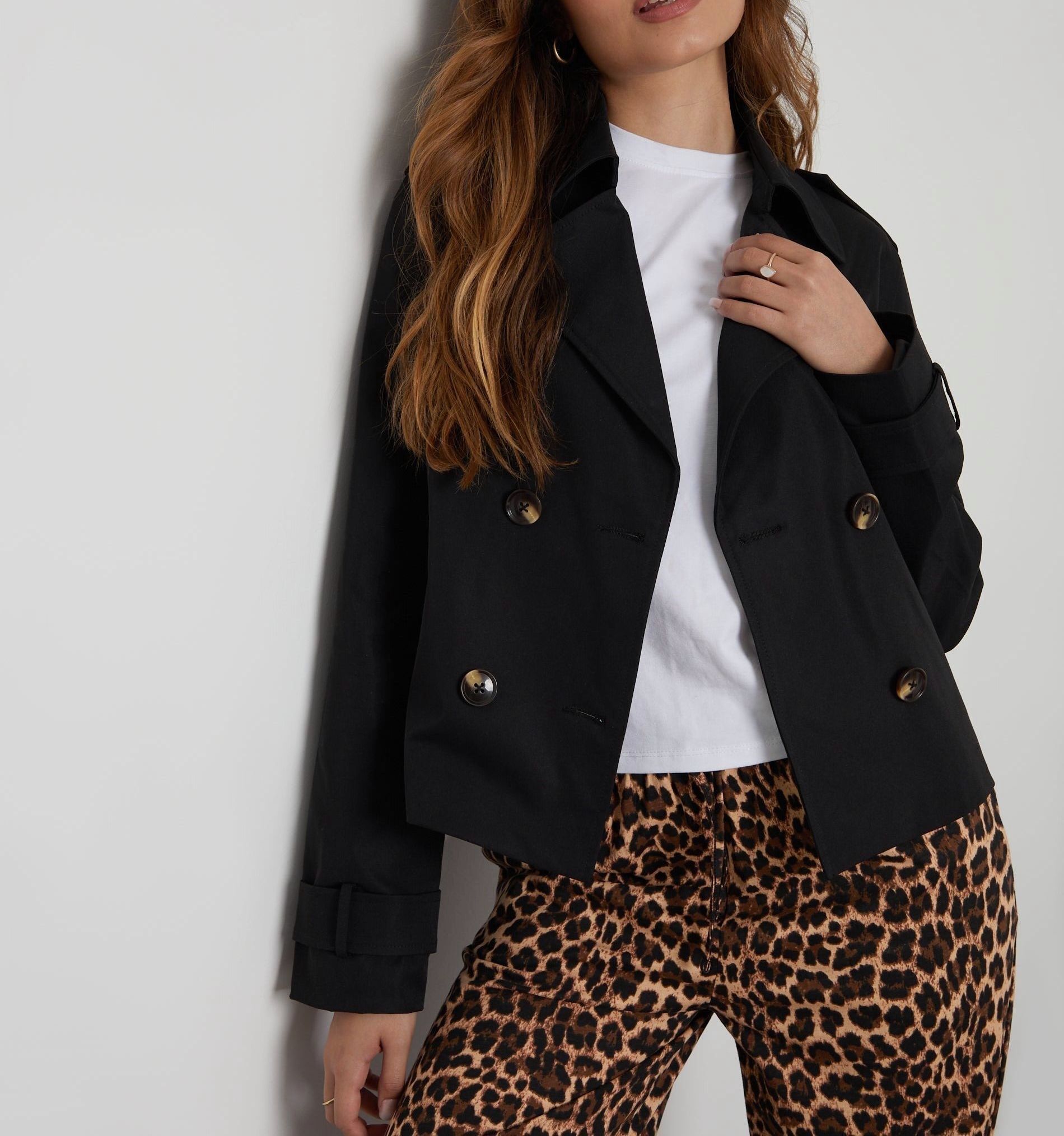 Women’s Black Cropped Double-Breasted Trench Coat