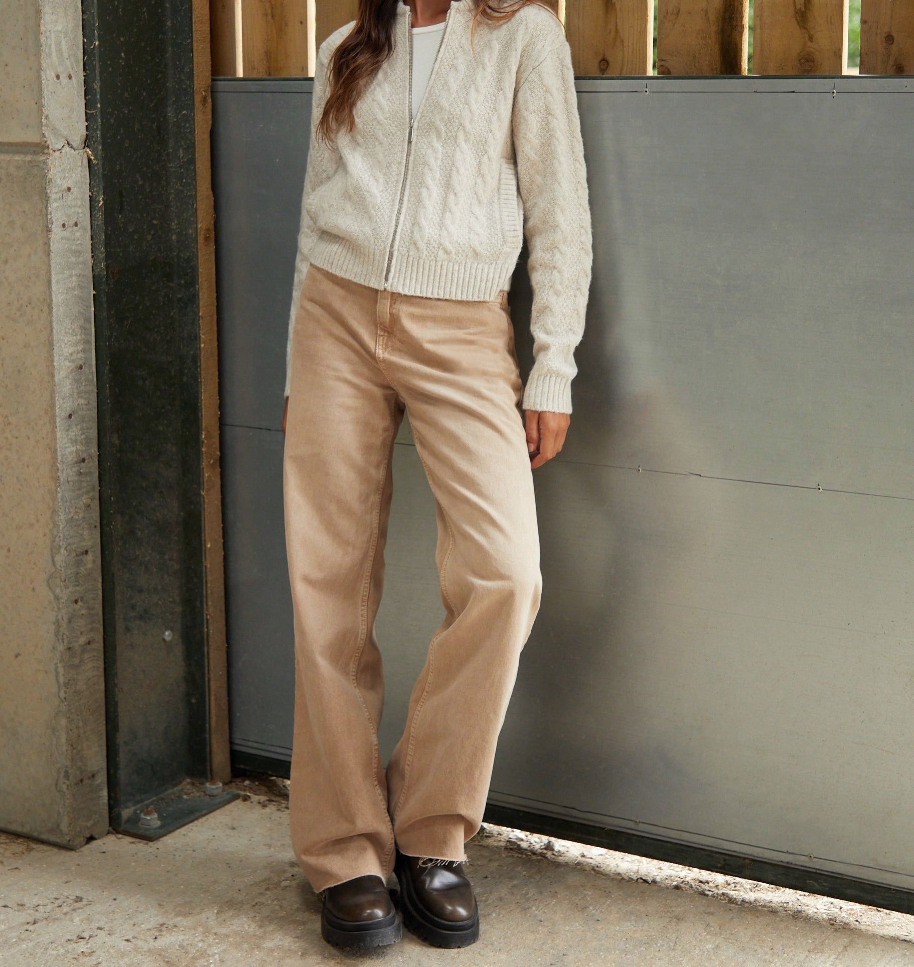 Women’s Beige Cable-Knit Zip-Front Bomber Jacket