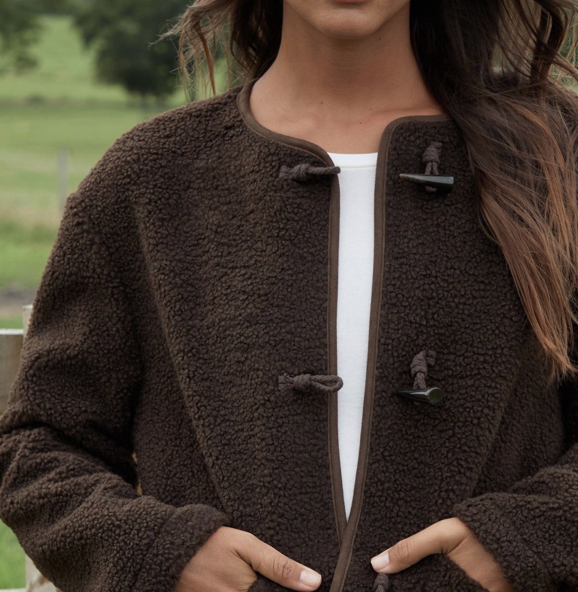 Women’s Chocolate Brown Borg Fleece Jacket with Toggle Closure