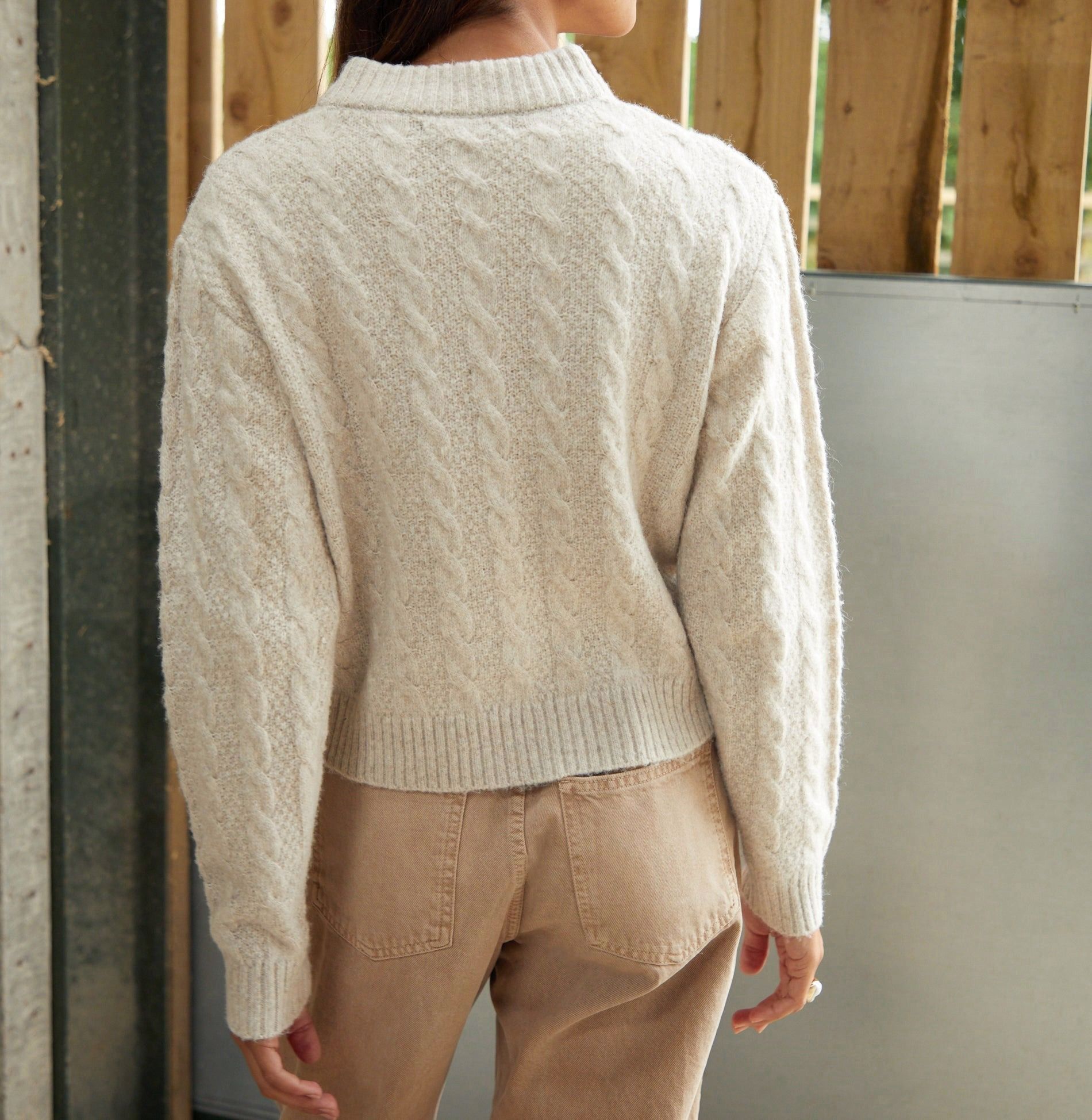 Women’s Beige Cable-Knit Zip-Front Bomber Jacket