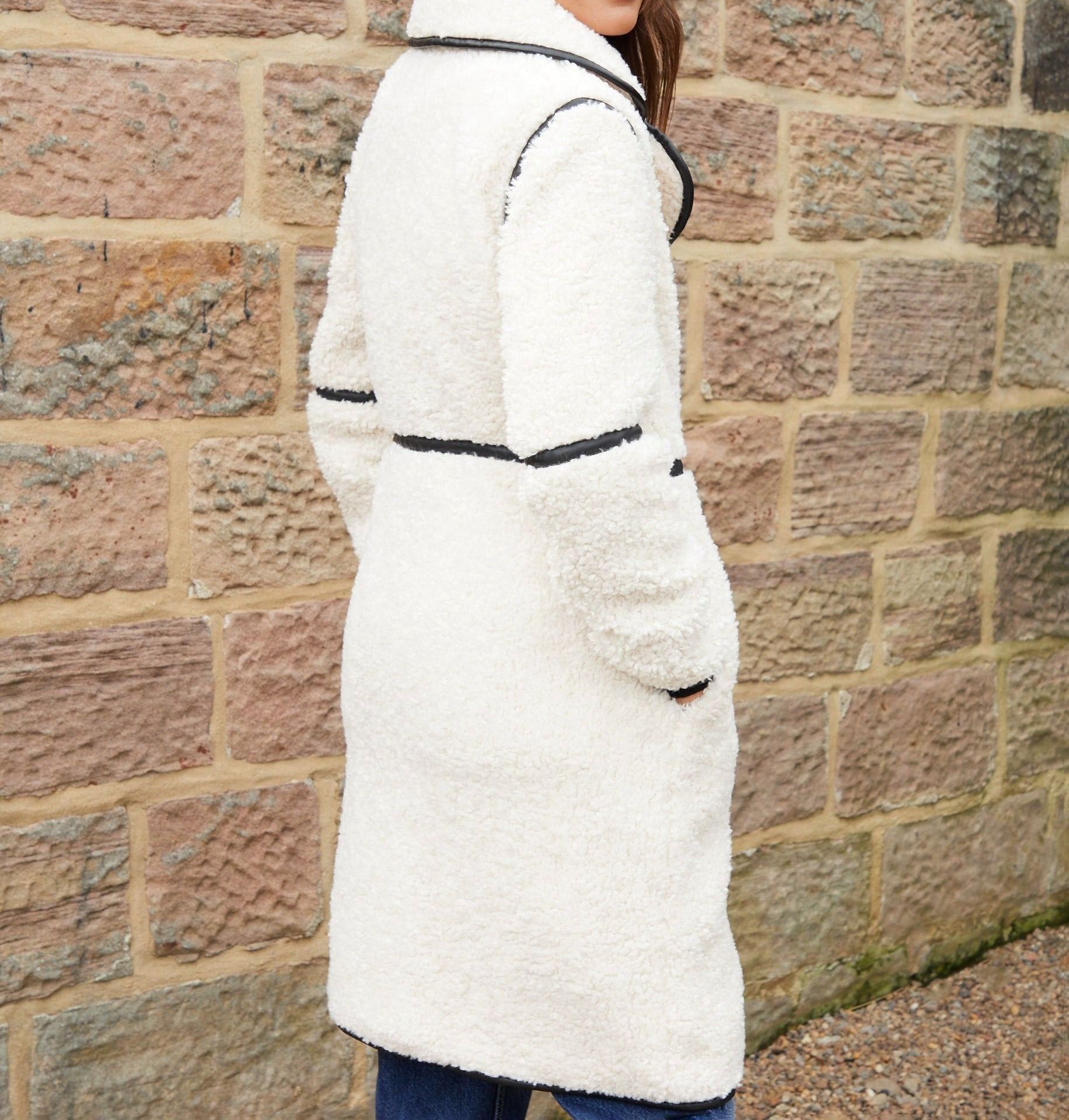 Women’s Ecru Longline Borg Fleece Coat with Toggle Closures