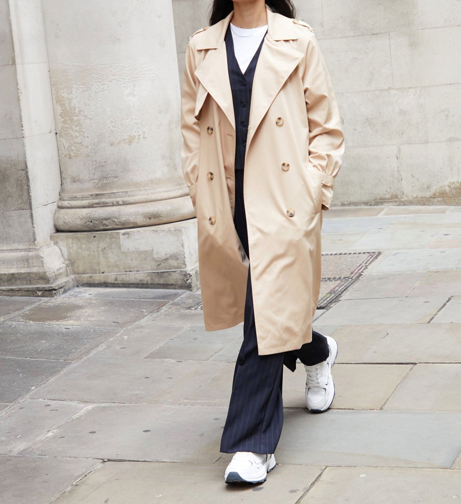Women’s Stone-Colored Double-Breasted Trench Coat