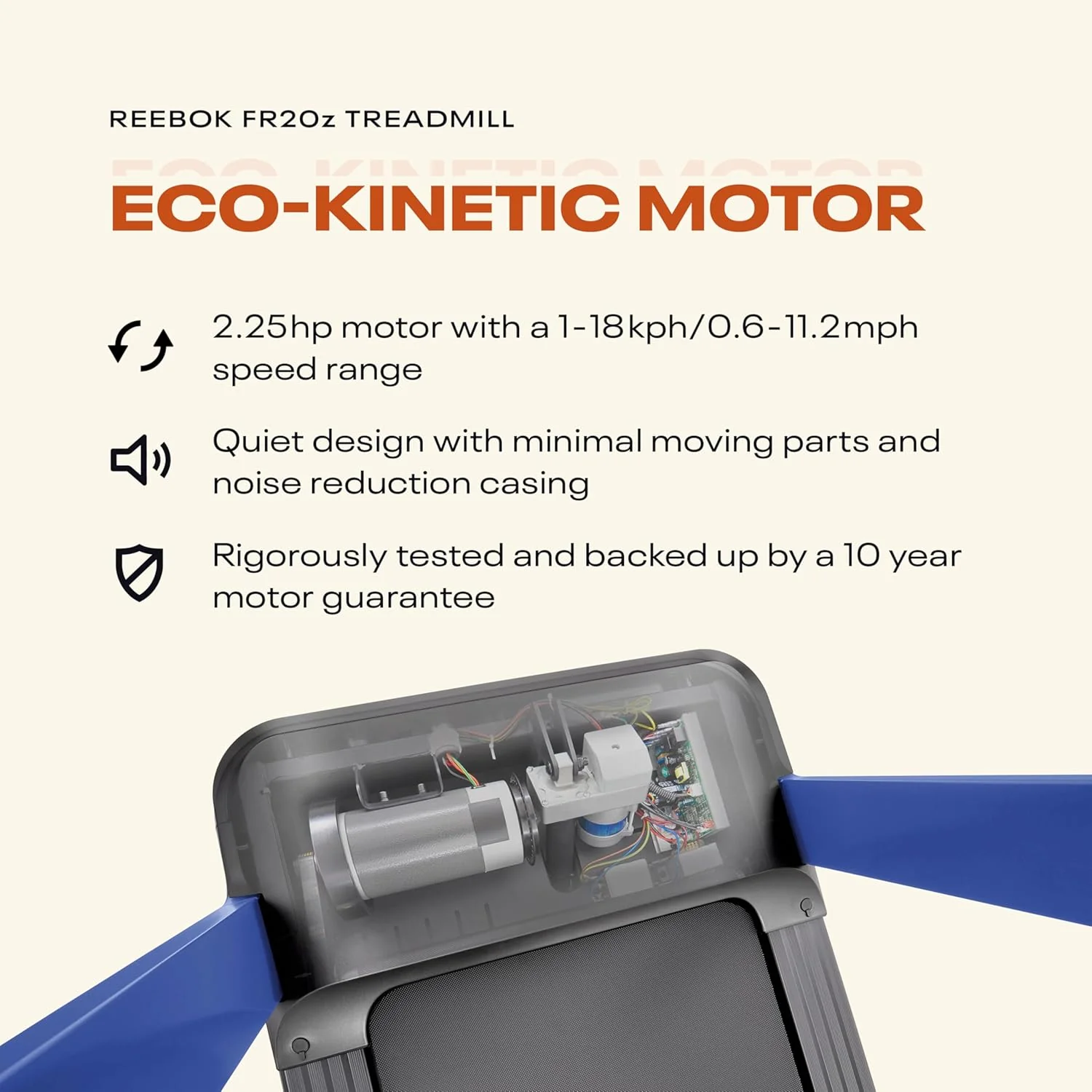 Reebok FR20z Floatride Treadmill - Blue with Incline, Bluetooth, Walking or Running, 2.25 HP, 11.2 MPH, 264 lb. Capacity, Kinomap Compatible