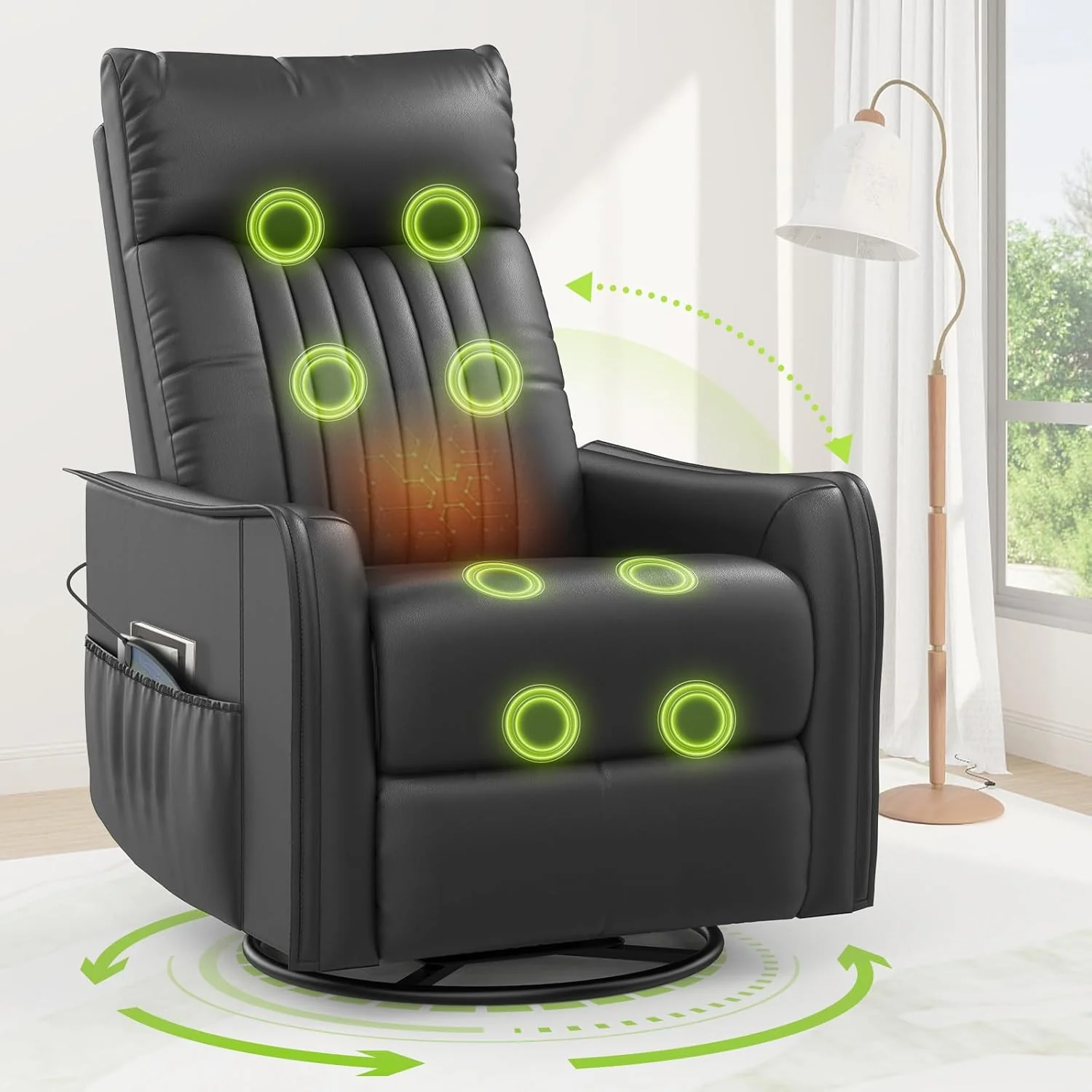 TV armchair with lounge chair, massage chair, relaxation chair with heating and massage, 360° rotating TV armchair, living room, swing chair with soft cushion headrest, 2 side pockets