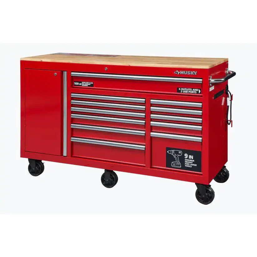 60 In. W X 22 In. D Standard Duty 12-Drawer Mobile Workbench Cabinet with Solid Wood Top in Gloss Red