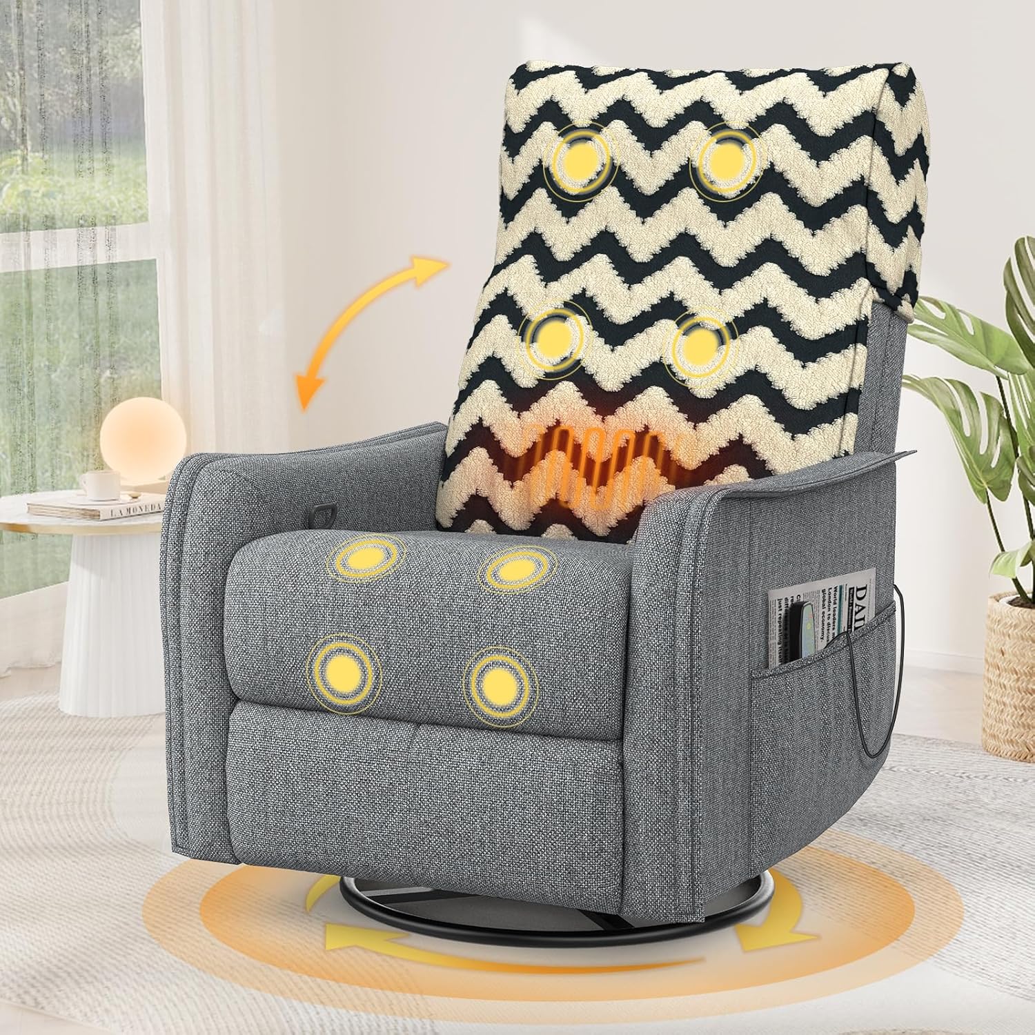 TV armchair with lounge chair, massage chair, relaxation chair with heating and massage, 360° rotating TV armchair, living room, swing chair with soft cushion headrest, 2 side pockets