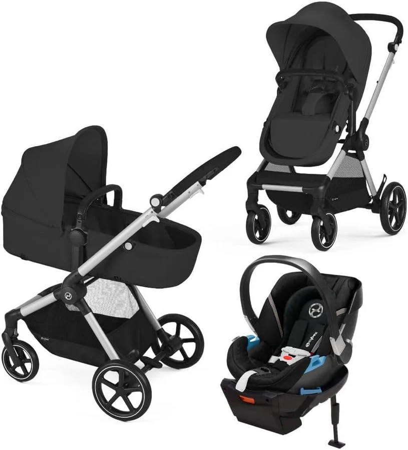 Cybex EOS 5-in-1 Travel Stroller + Aton 2 Infant Car Seat with SensorSafe & Load Leg – Converts from Carriage to Reversible Toddler Seat, Travel System Ready, Lightweight & Comfortable, Black/Black