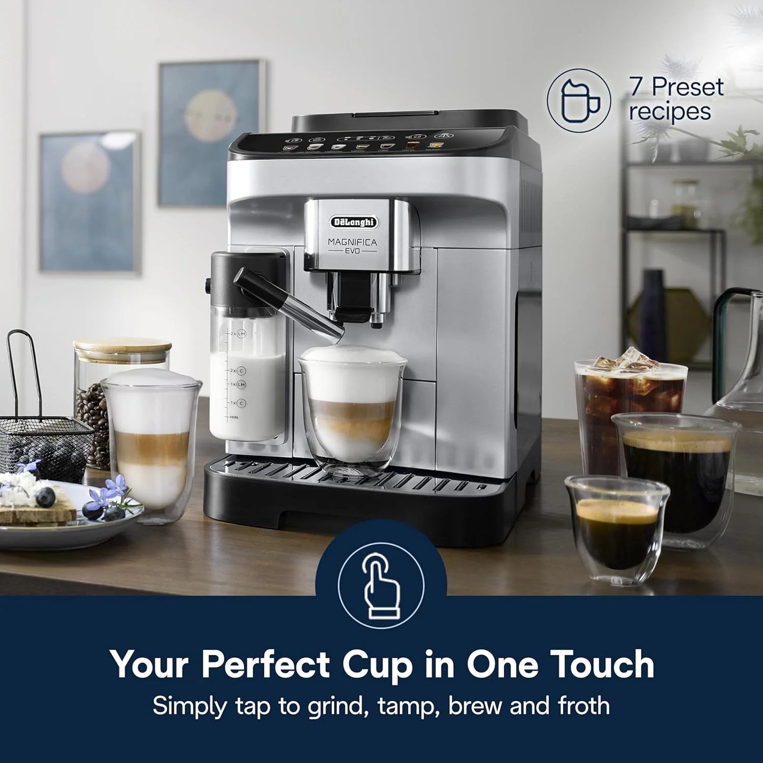 De'Longhi Magnifica Evo Automatic Espresso & Coffee Machine with Auto Milk Frother, Built-in Grinder & Auto-Clean Function - For Latte, Cappuccino, Americano, Iced Coffee, ECAM29084SB , Silver