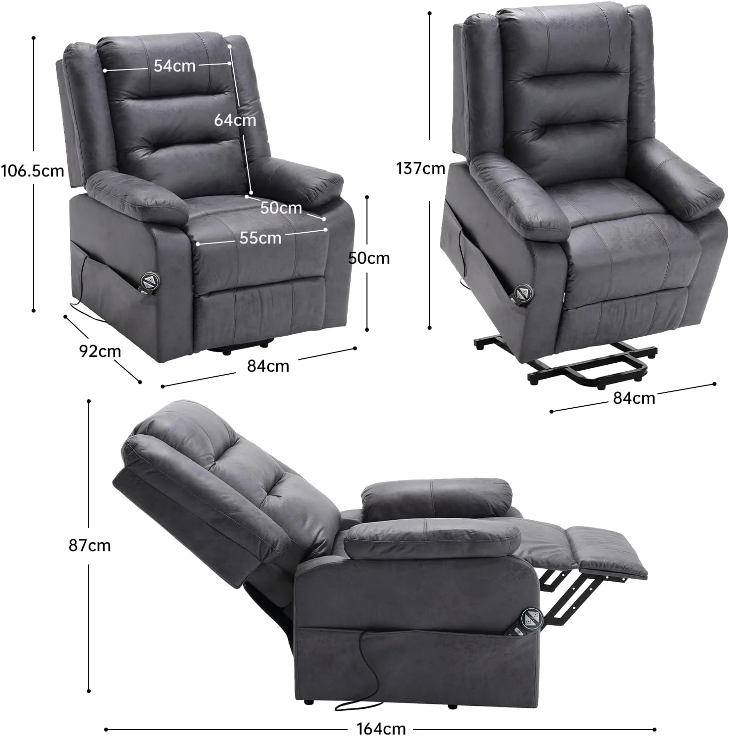 Electric TV chair with standing assistance, massage chair with heating function, remote control with lying function, sleep function and feet, weighing 220 kilograms, dark grey suede